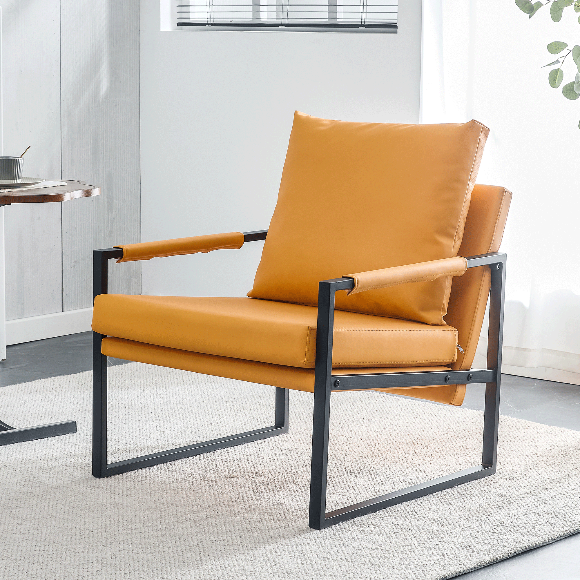 PU Leather Accent Arm Chair Mid Century Upholstered Armchair with Metal Frame Extra-Thick Padded Backrest and Seat Cushion Sofa Chairs for Living Room ( orange PU Leather + Metal Frame + Foam)SF-008