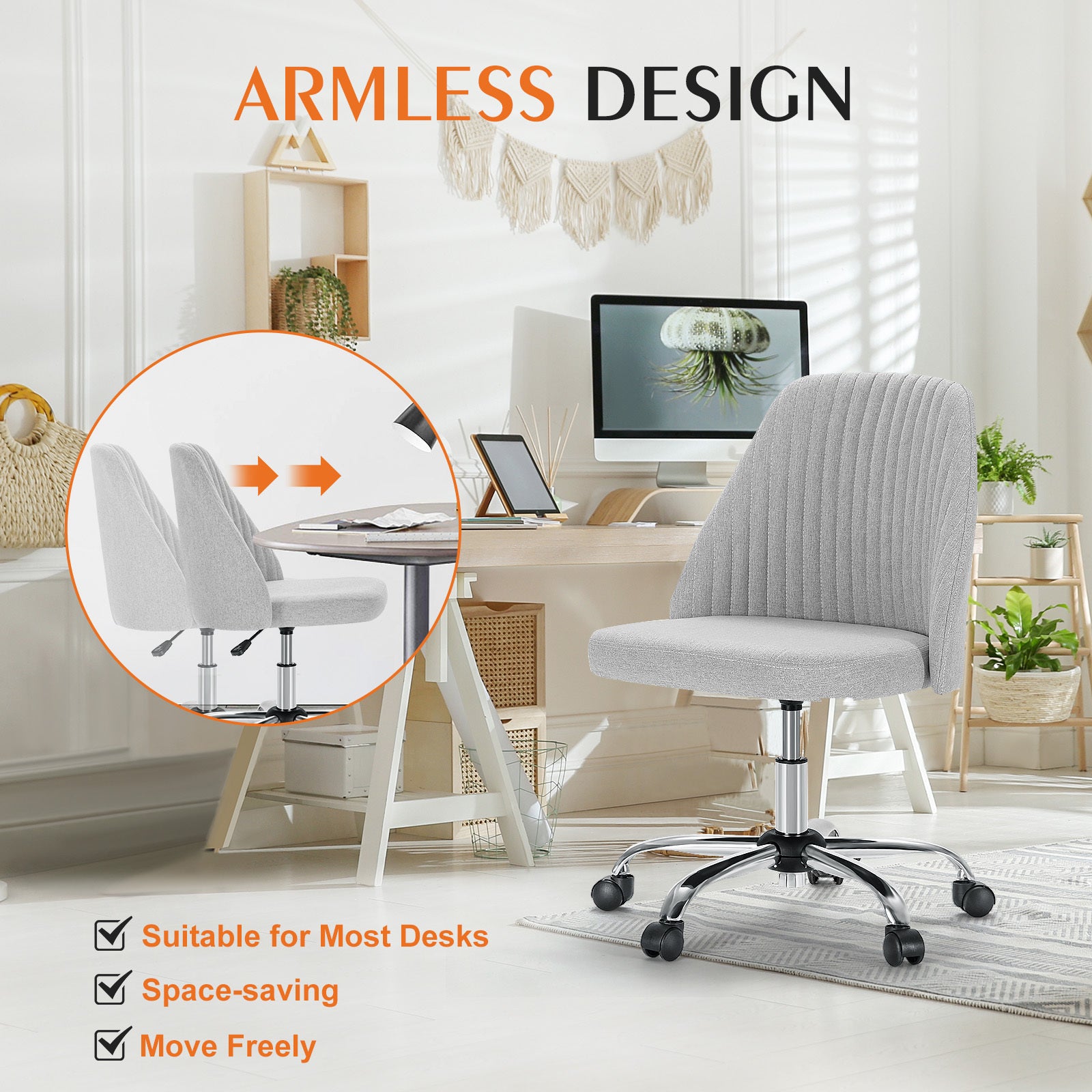 Sweetcrispy Armless Home Office  Desk Chair with Wheels Adjustable Swivel Task Computer Vanity Chair for Small Spaces