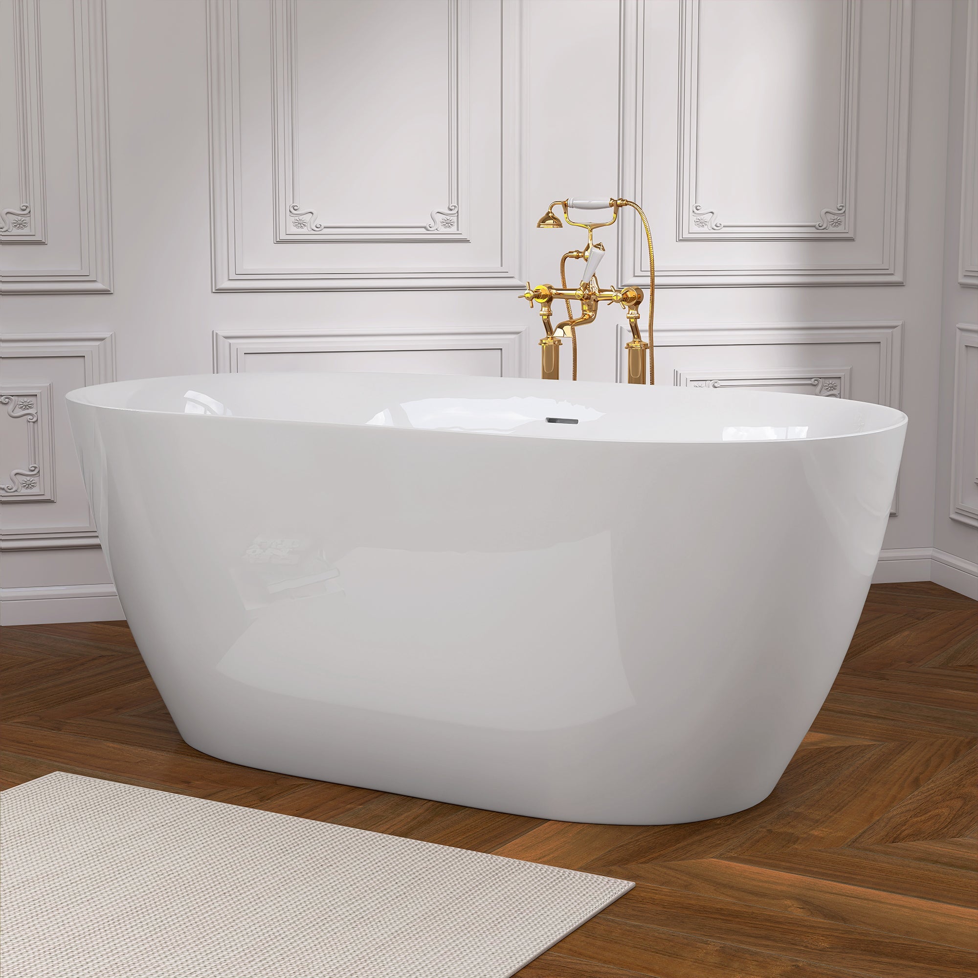 55" Acrylic Freestanding Bathtub Contemporary Soaking White Tub with Overflow and Pop-up Drain Gloss White