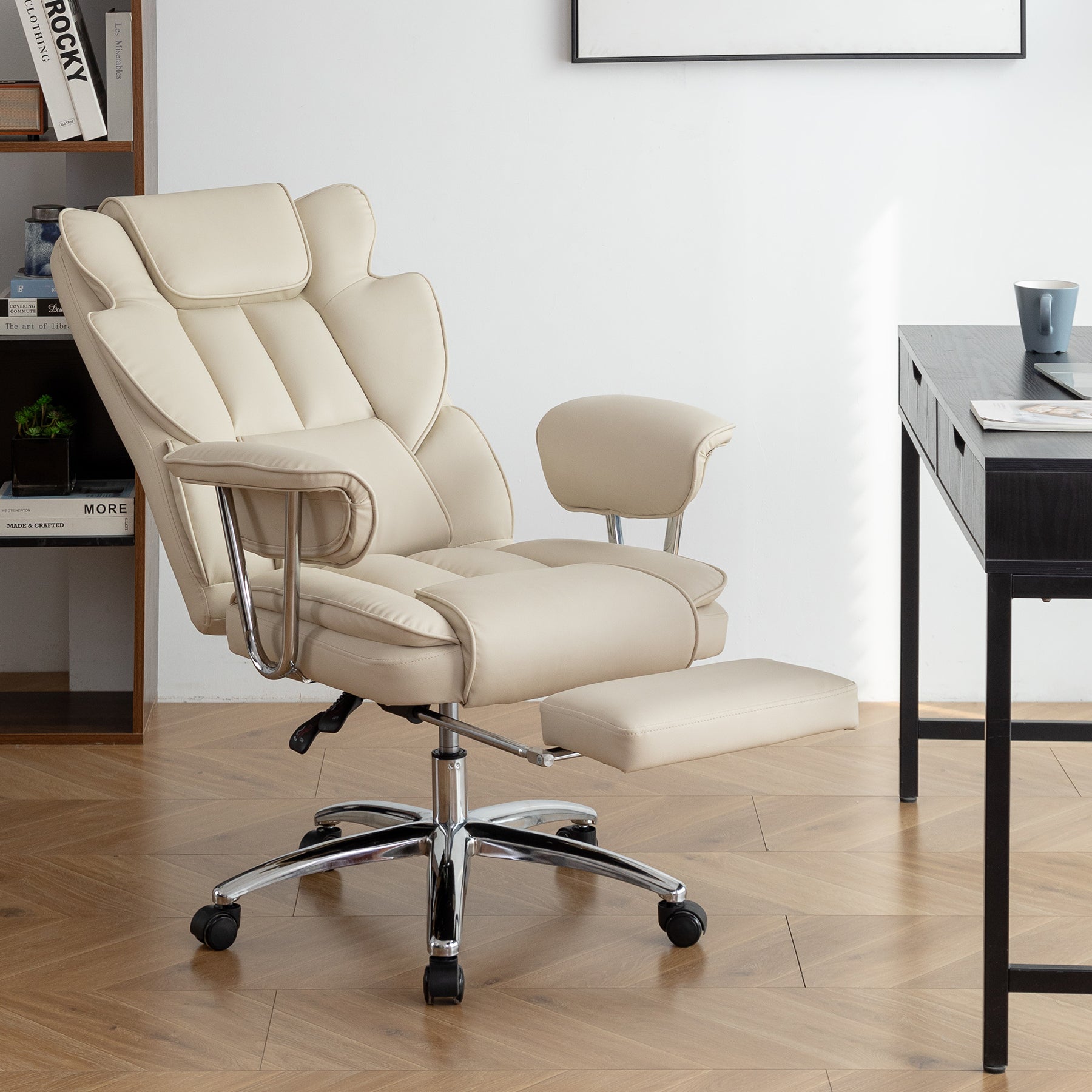 Office Chair, Big and Tall Executive Office Chair with Footrest, Leather Computer Chair, Ergonomic Reclining Chair High Back , Large Home Office Chair (Beige)