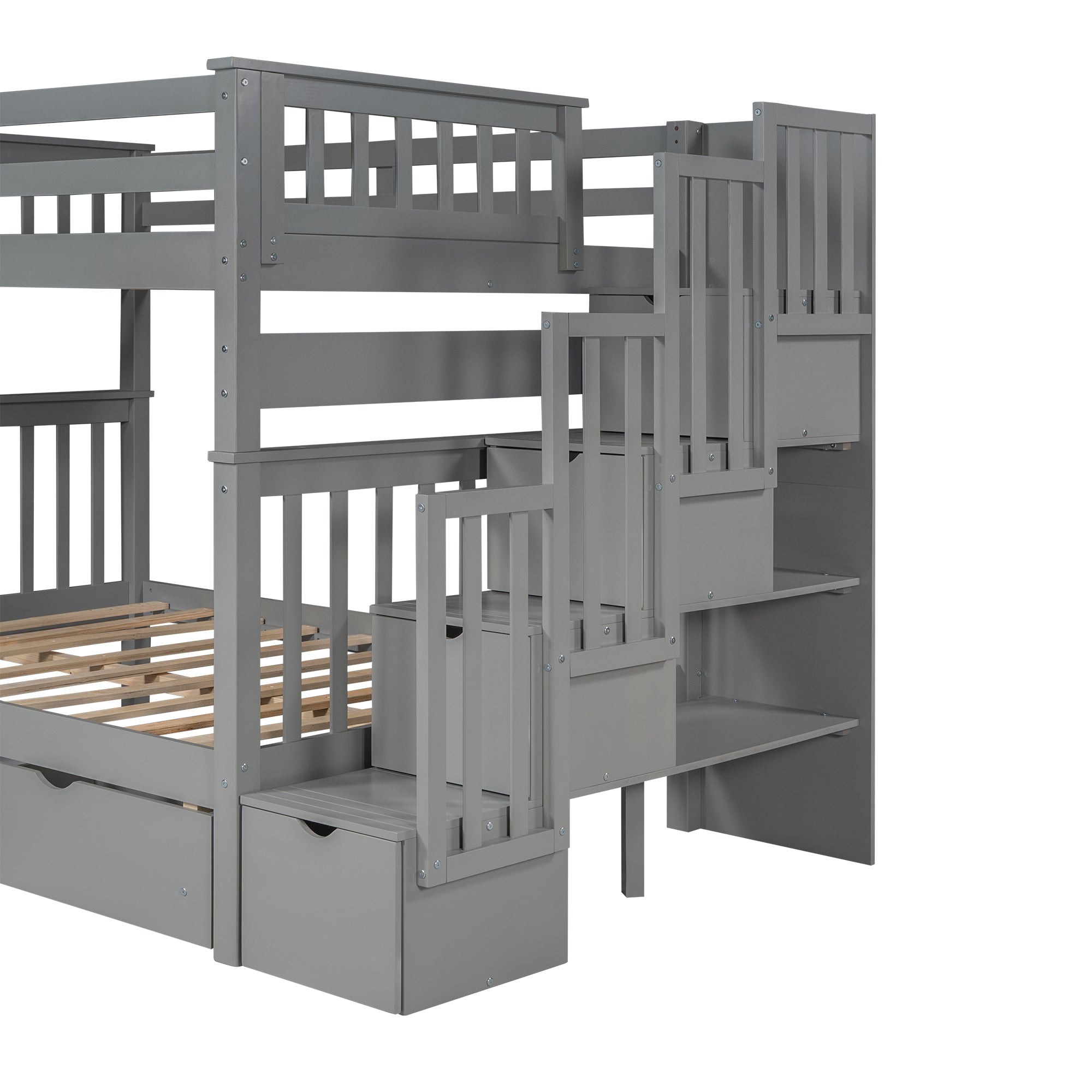 Full Over Full Bunk Bed with Shelves and 6 Storage Drawers, Gray(Old SKU:LP000046AAE)