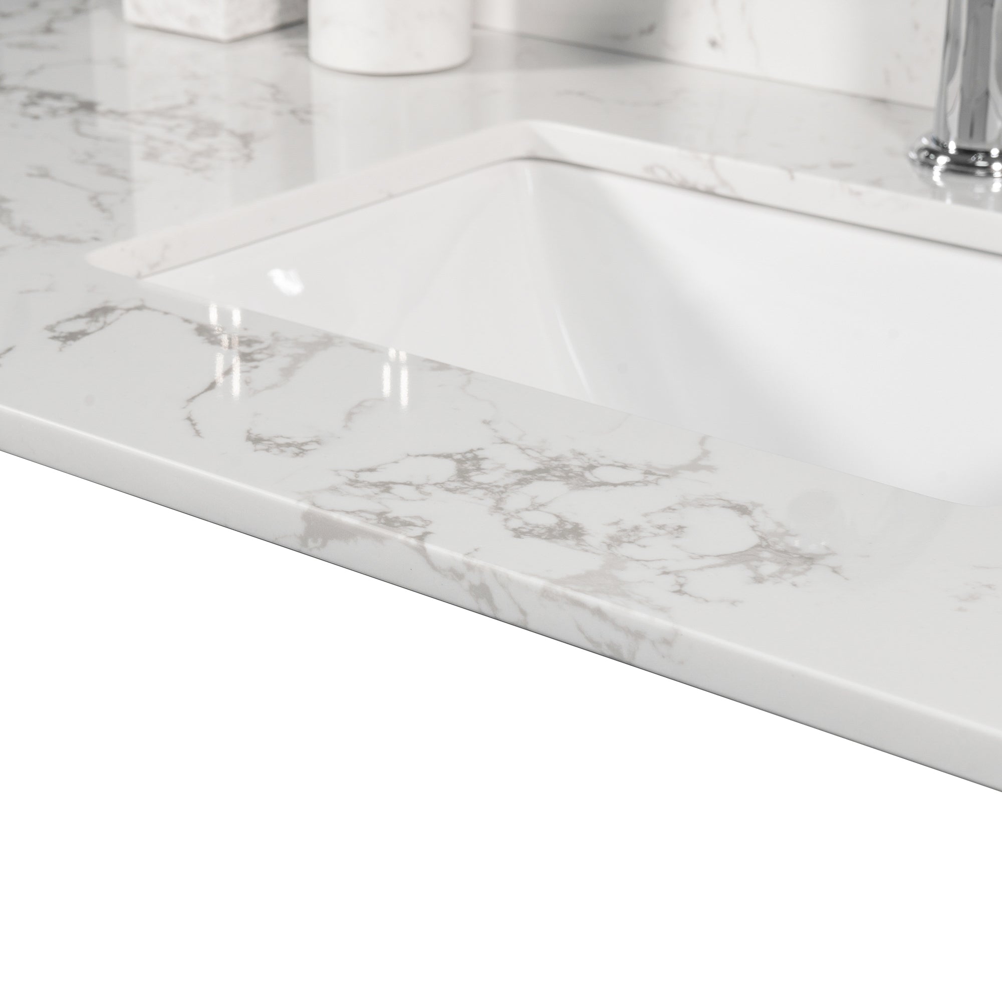 Montary 43x22 inch bathroom stone vanity top  engineered stone carrara white marble color with rectangle undermount ceramic sink and  single faucet hole with back splash .