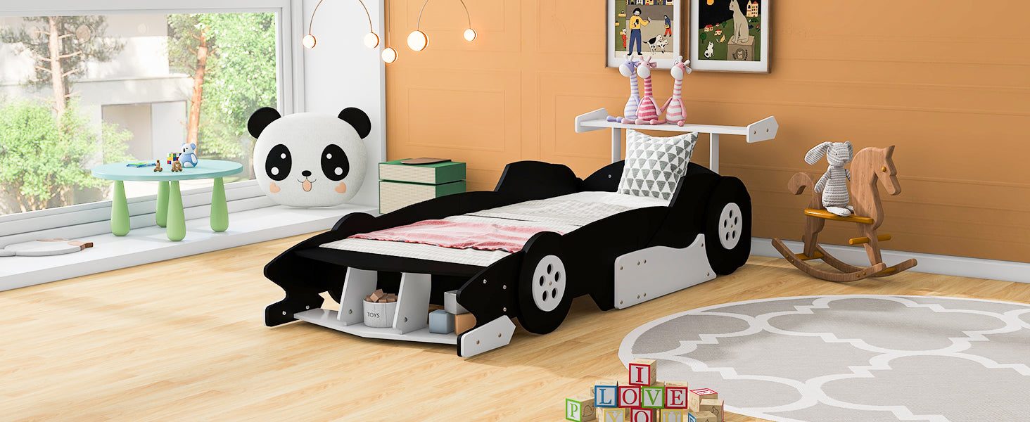 Twin Size Race Car-Shaped Platform Bed with Wheels,Black