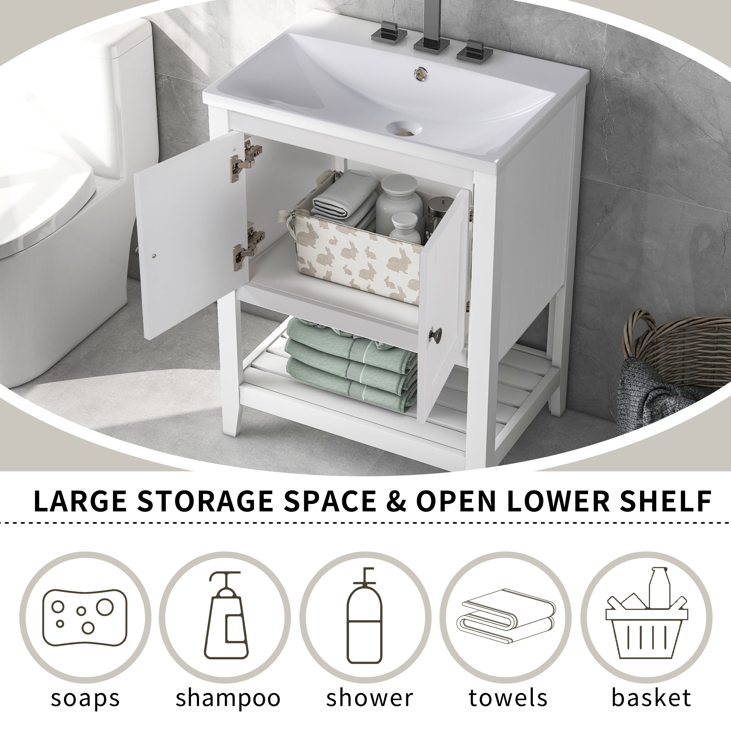 24" Bathroom Vanity Base Only, Soild Wood Frame, Bathroom Storage Cabinet with Doors and Open Shelf, White