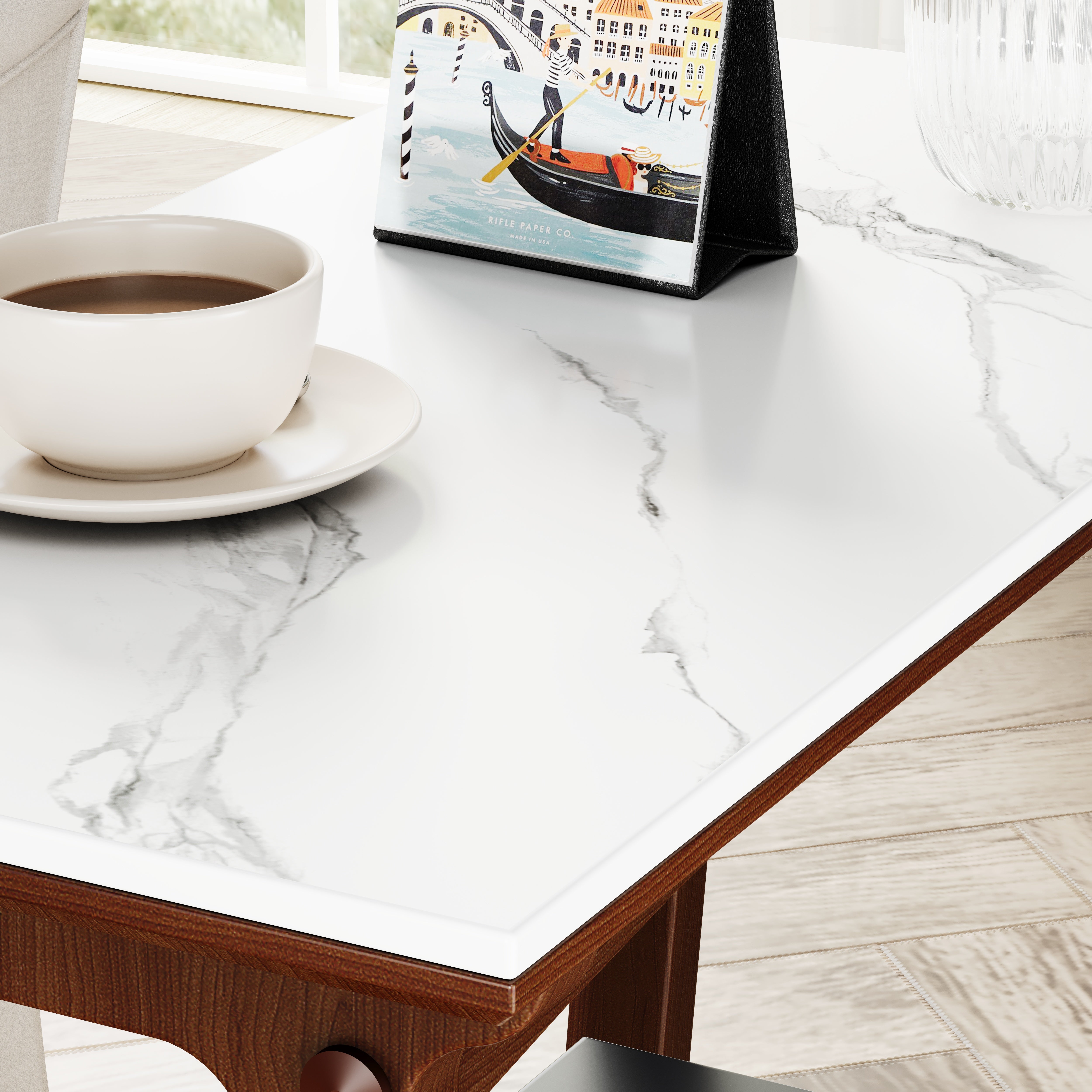 Compact reddish brown farmhouse end table in entryway, side view