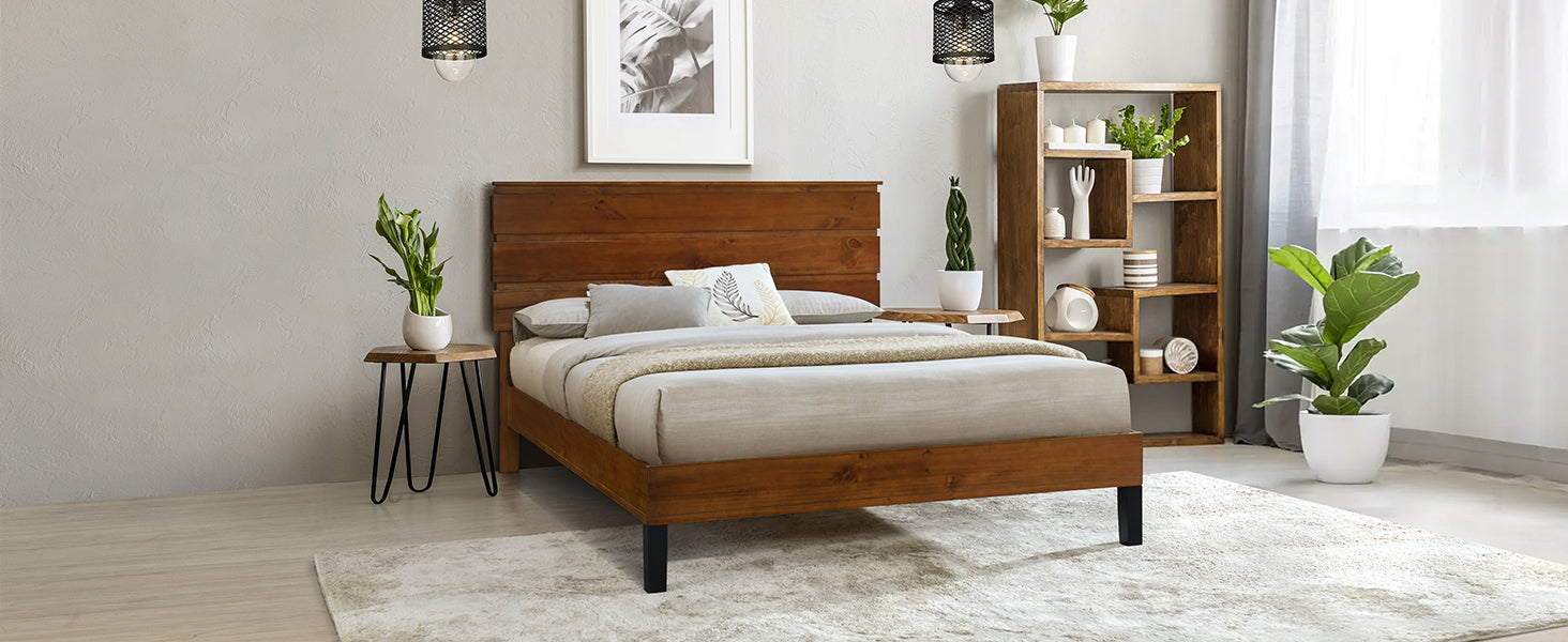 Mid-Century Modern Solid Wood Bed Frame Full Size Platform Bed with Three-Piece Headboard Design, No Box Spring Needed, Brown