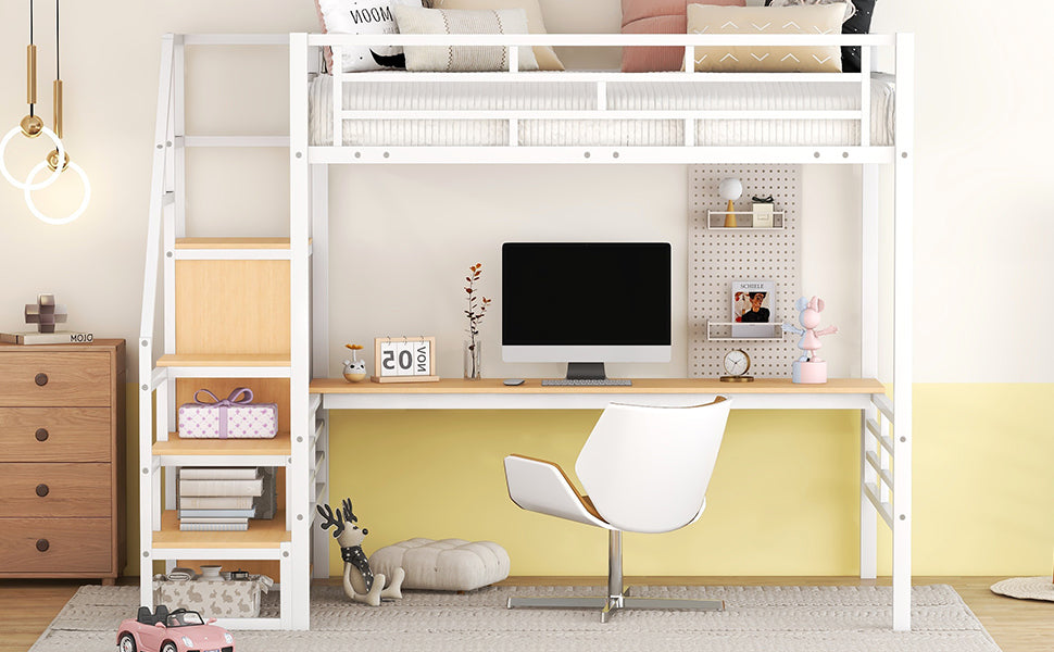 Full Size Metal Loft Bed with Desk, Storage Staircase and Small Wardrobe, Storage stairs can be installed left and right, White