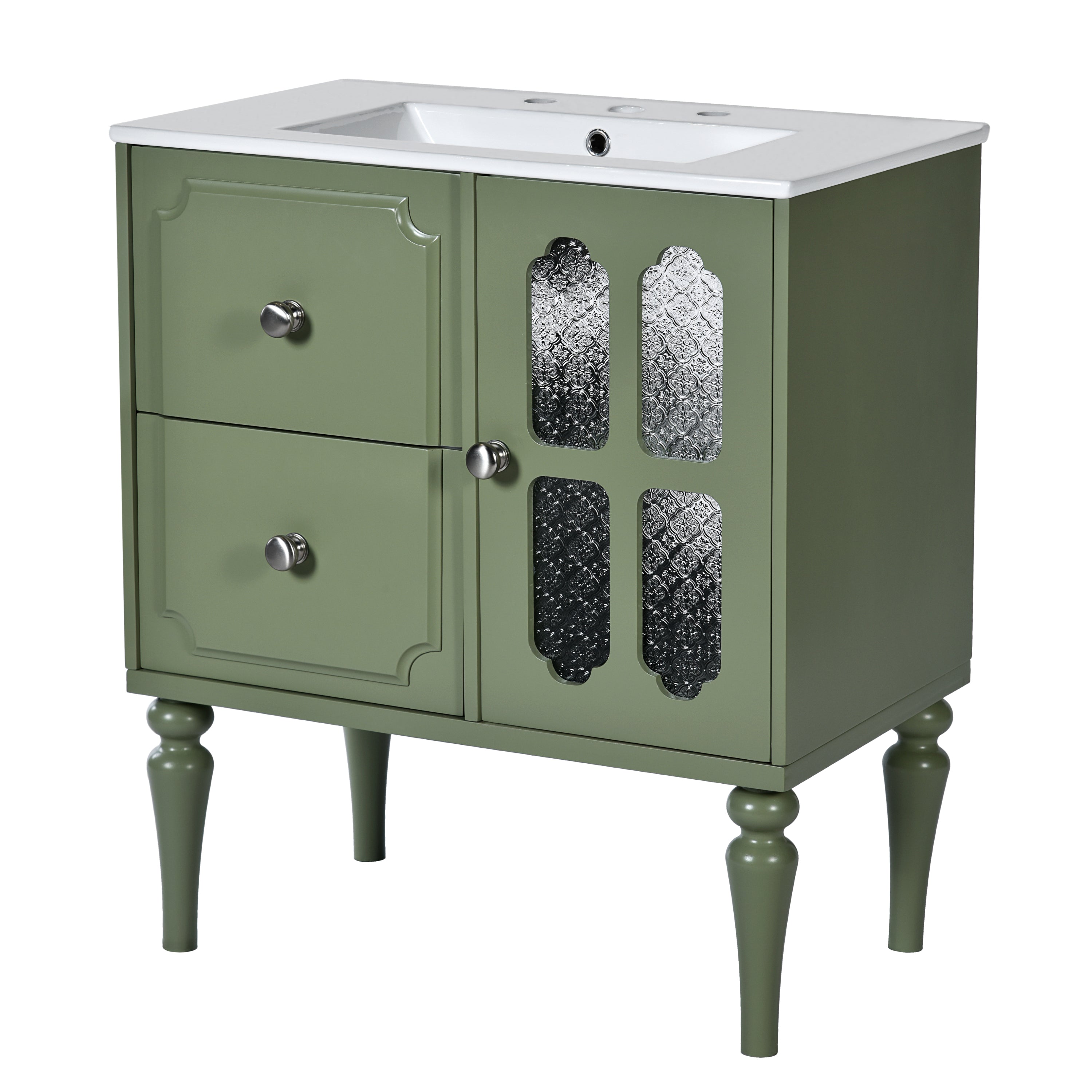 Retro Style 30'' Bathroom Vanity with Ceramic Sink Combo, Freestanding Single Vanity with 2 Drawers, Solid Wood Frame Bathroom Storage Cabinet, Green