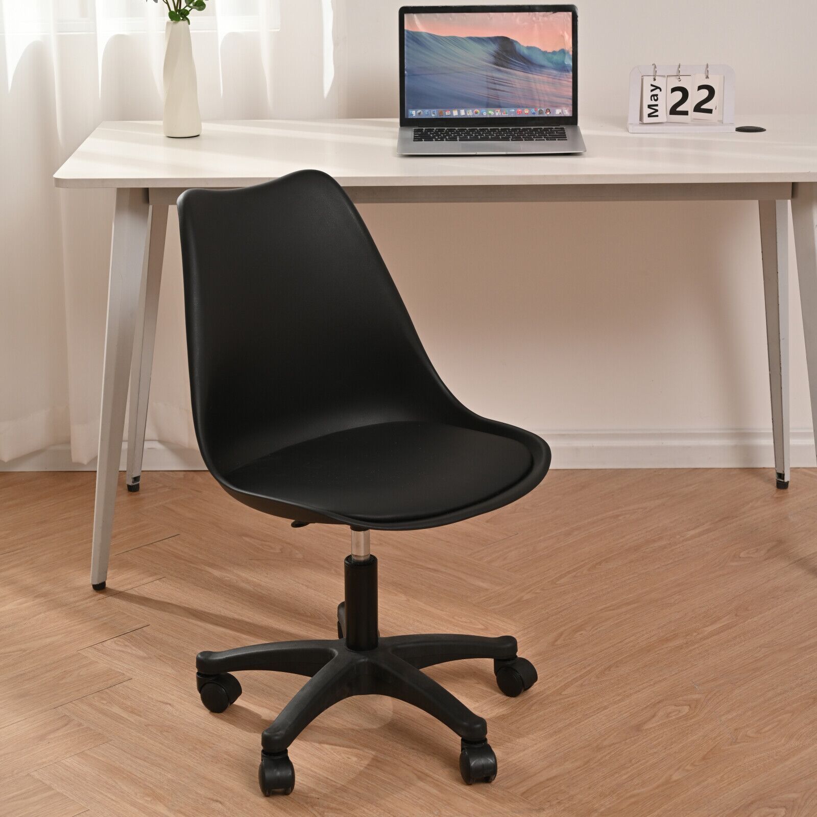 Black PP with Wheels Adjustable Height Office Chair for Study,Modern Armless Swivel Plastic Chair for Living Room