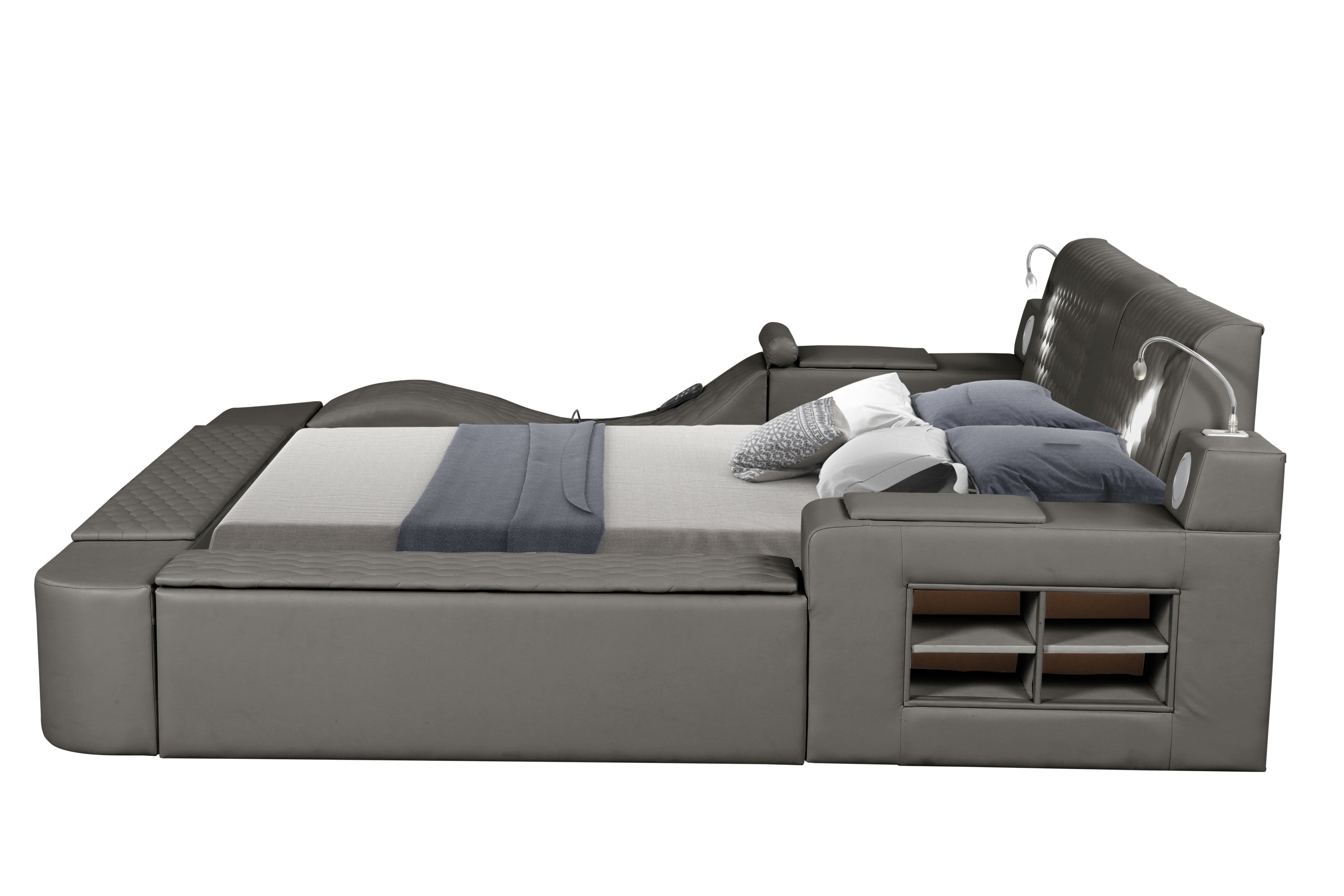 Smart Multifunctional Queen Size Bed Made with Wood in Gray