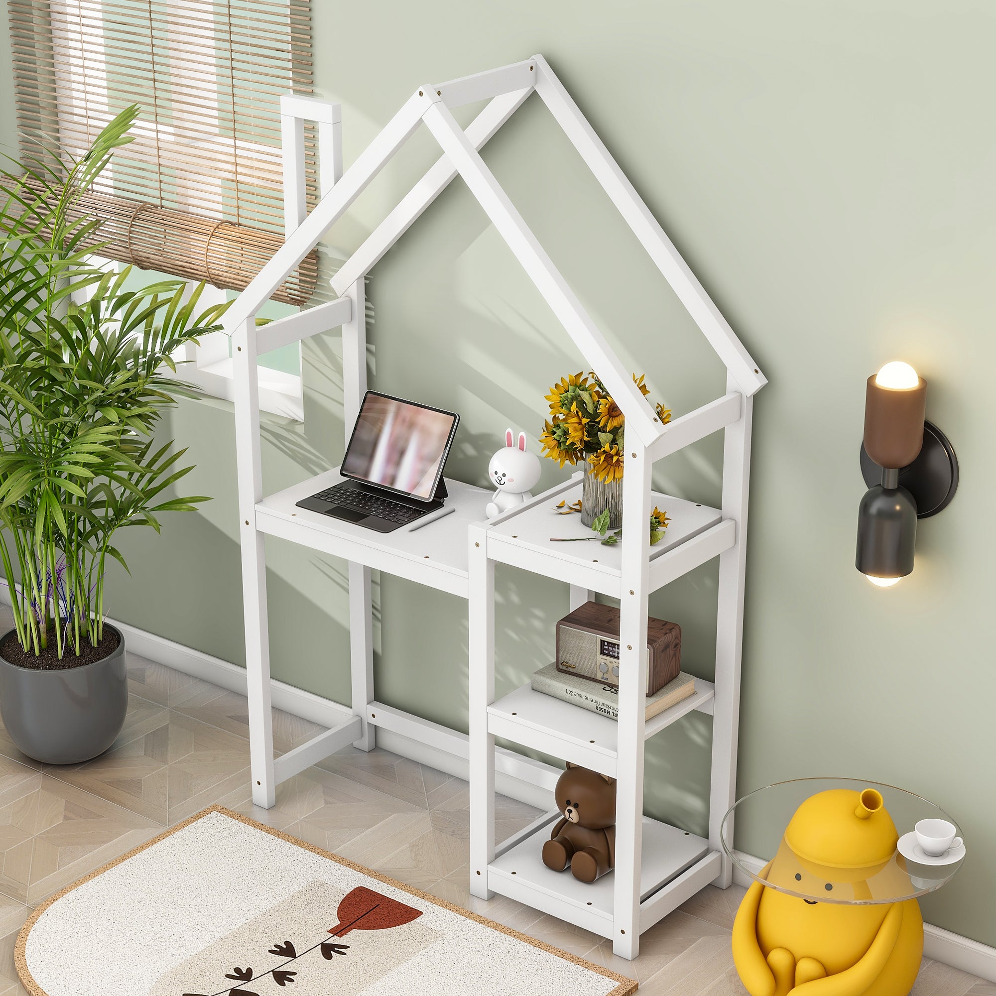 House-shaped Wooden writing Desk,Kids study Table,Bookshelf & Toy Storage,White