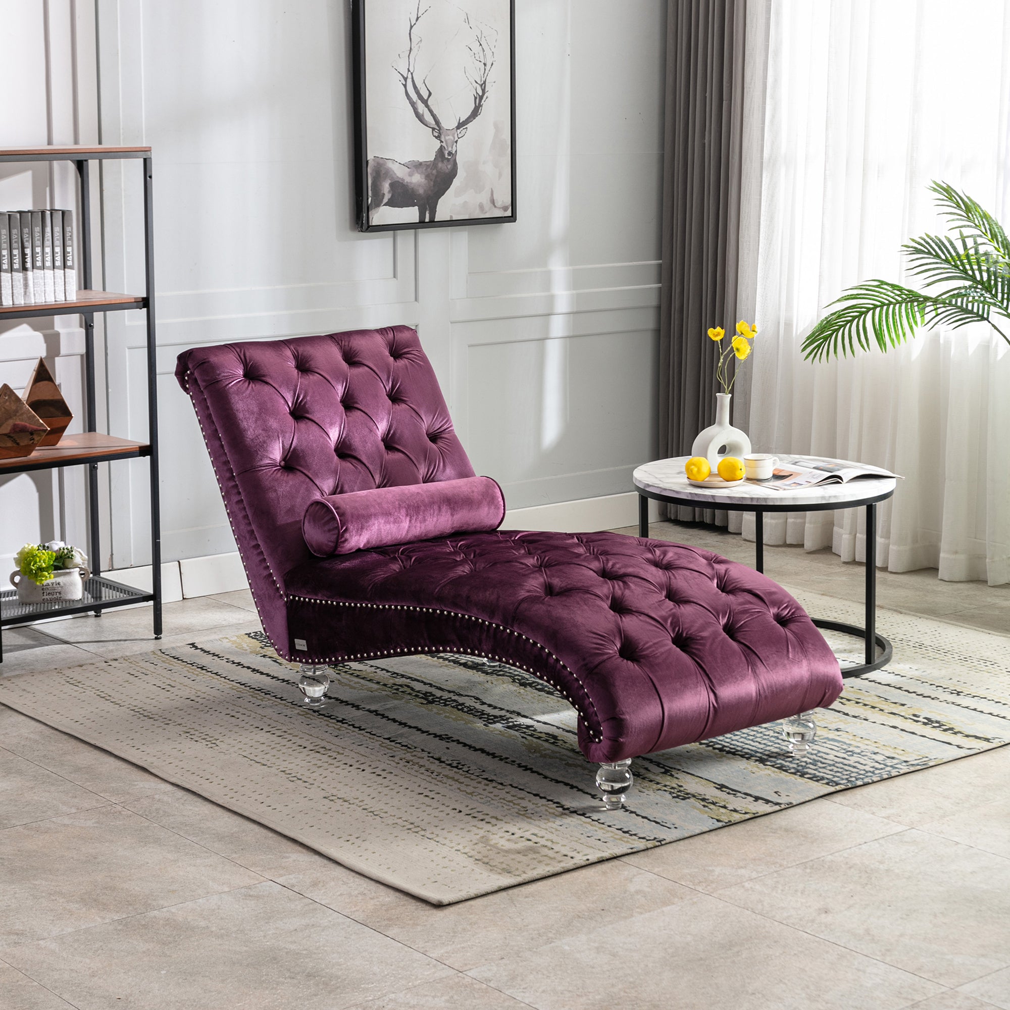 COOMORE Velvet Chaise Lounge Indoor,Button-Tufted Upholstered Chaise Lounge Chair with Pillow for Bedroom Living Room Office (Purple Velvet)