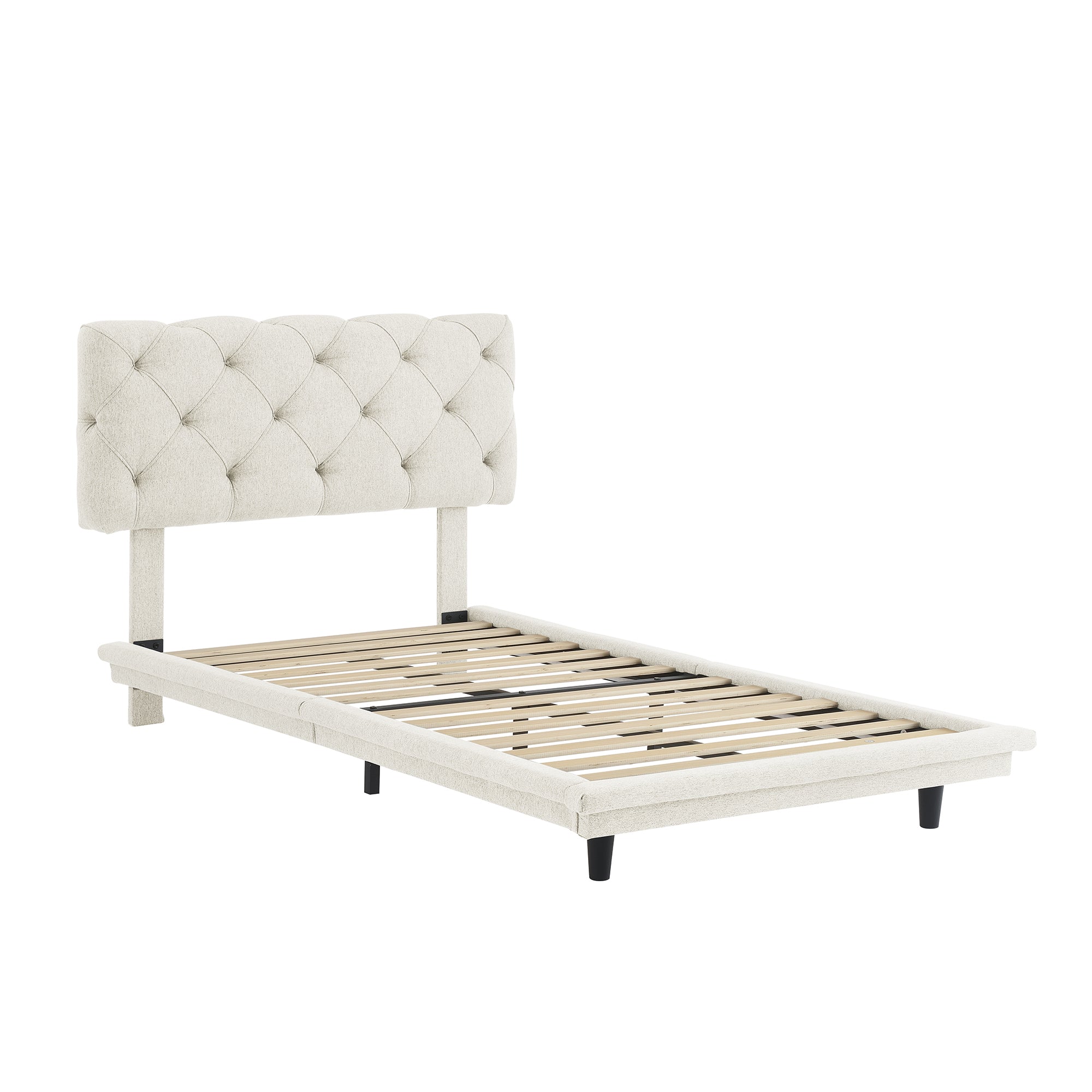 Twin Size Upholstered Bed with Light Stripe, Floating Platform Bed, Linen Fabric,Beige