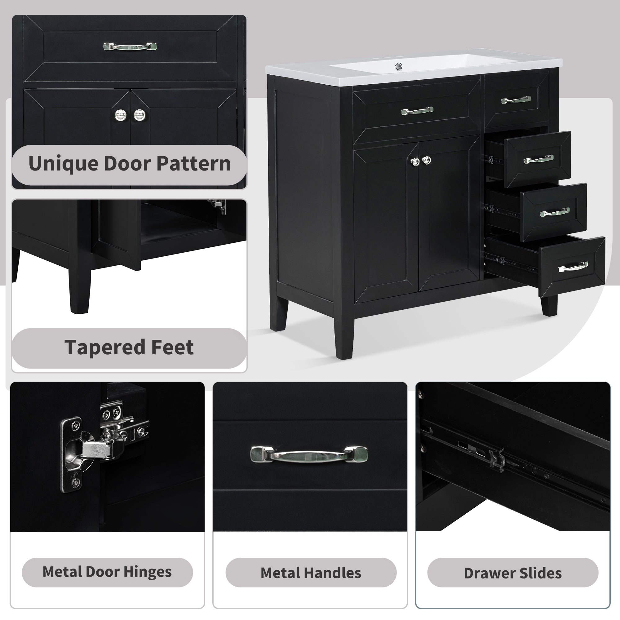 36" Bathroom Vanity with Sink Combo, Black Bathroom Cabinet with Drawers, Solid Frame and MDF Board (Old Sku:JL000007AAB)