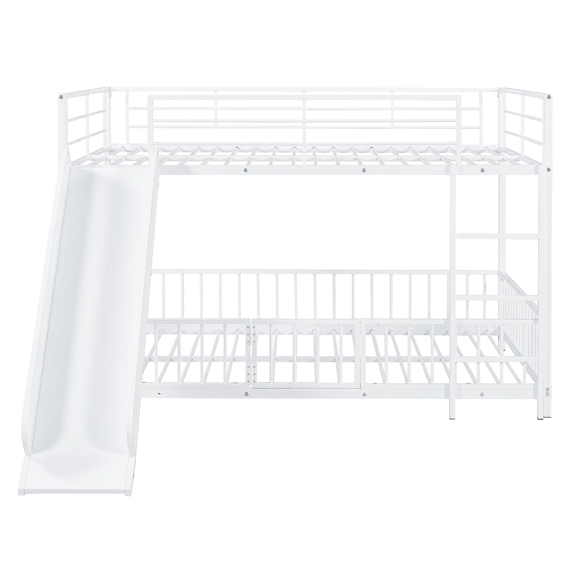 Full over Full Size Metal Bunk Bed with Slide and Guardrails, White