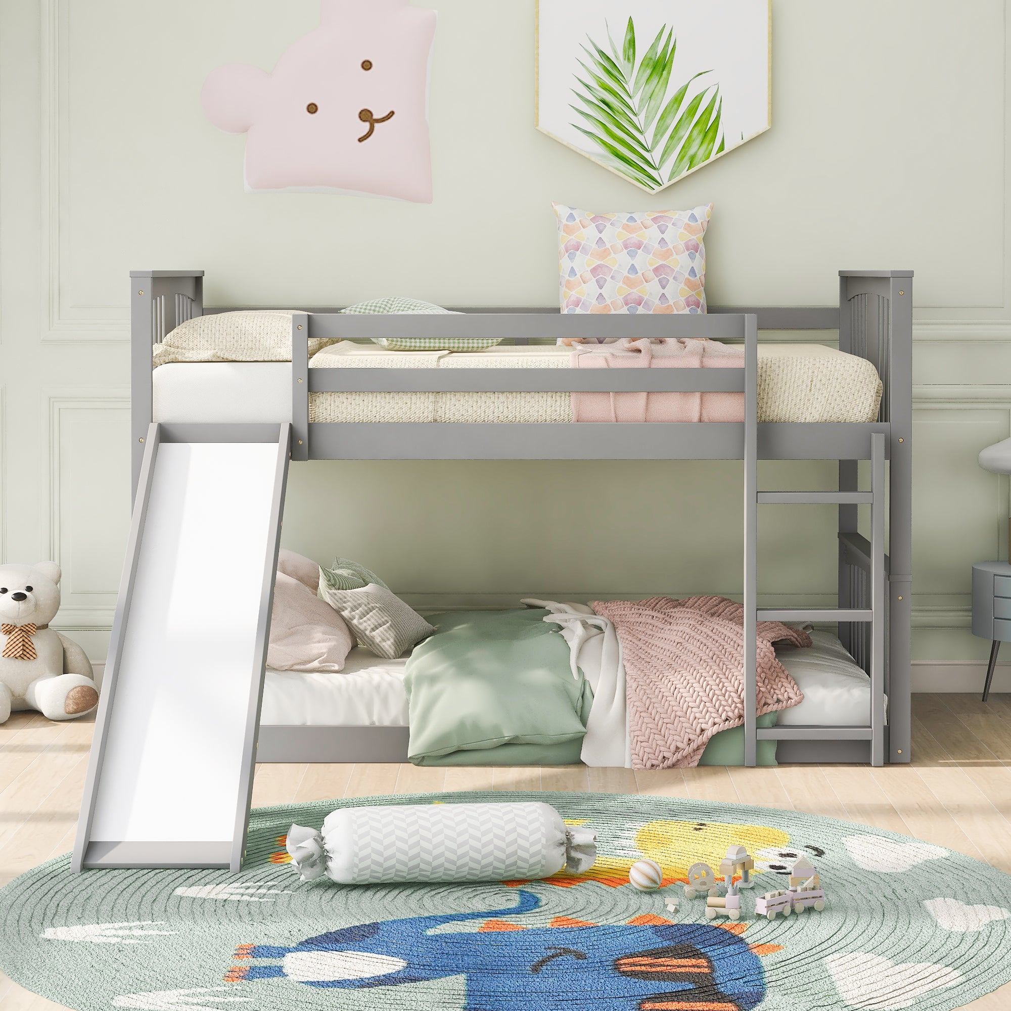 Twin Over Twin Bunk Bed with Slide and Ladder, Gray (Old SKU：LP000108AAE)