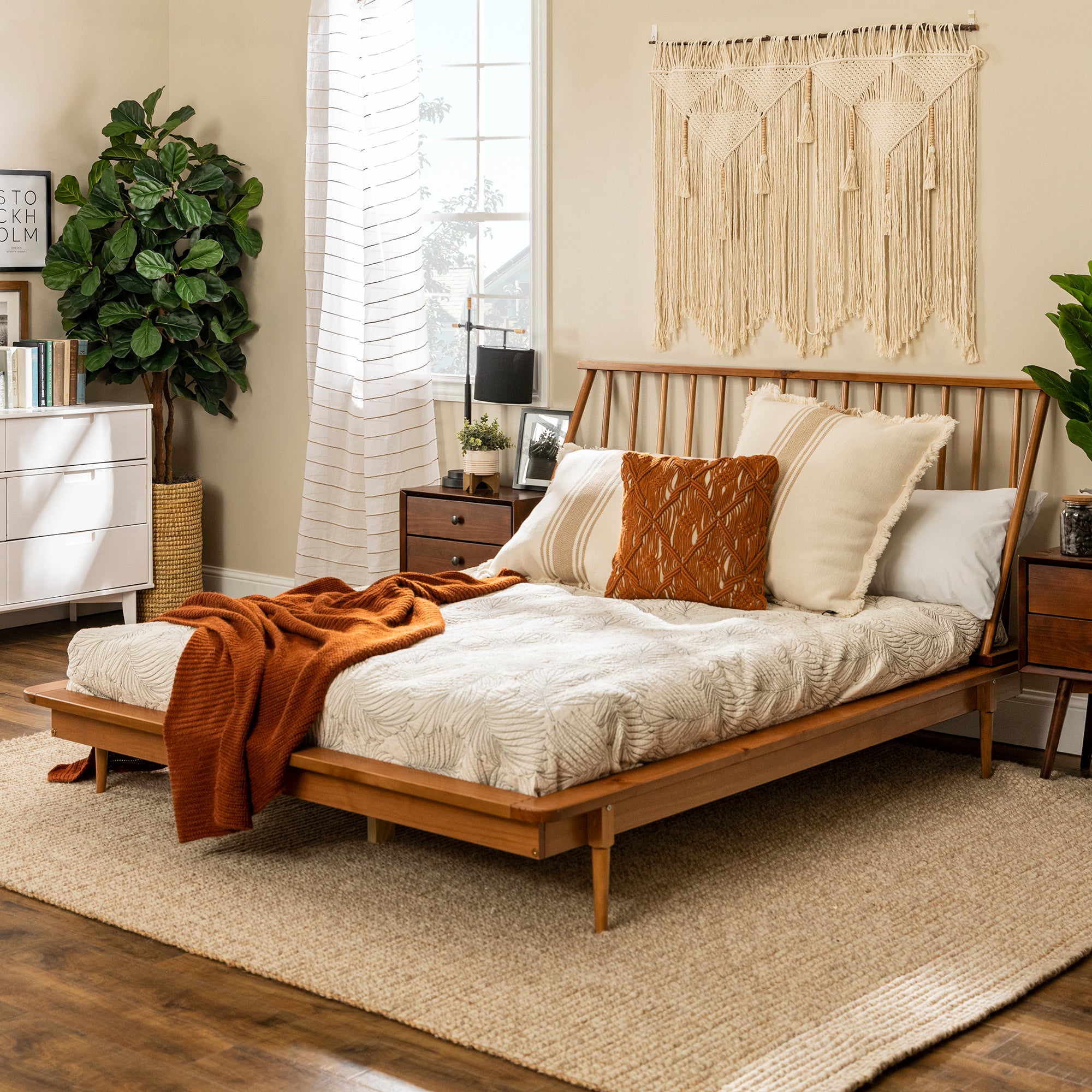 Mid-Century Modern Solid Wood Queen Platform Bed Frame with Spindle Headboard - Caramel