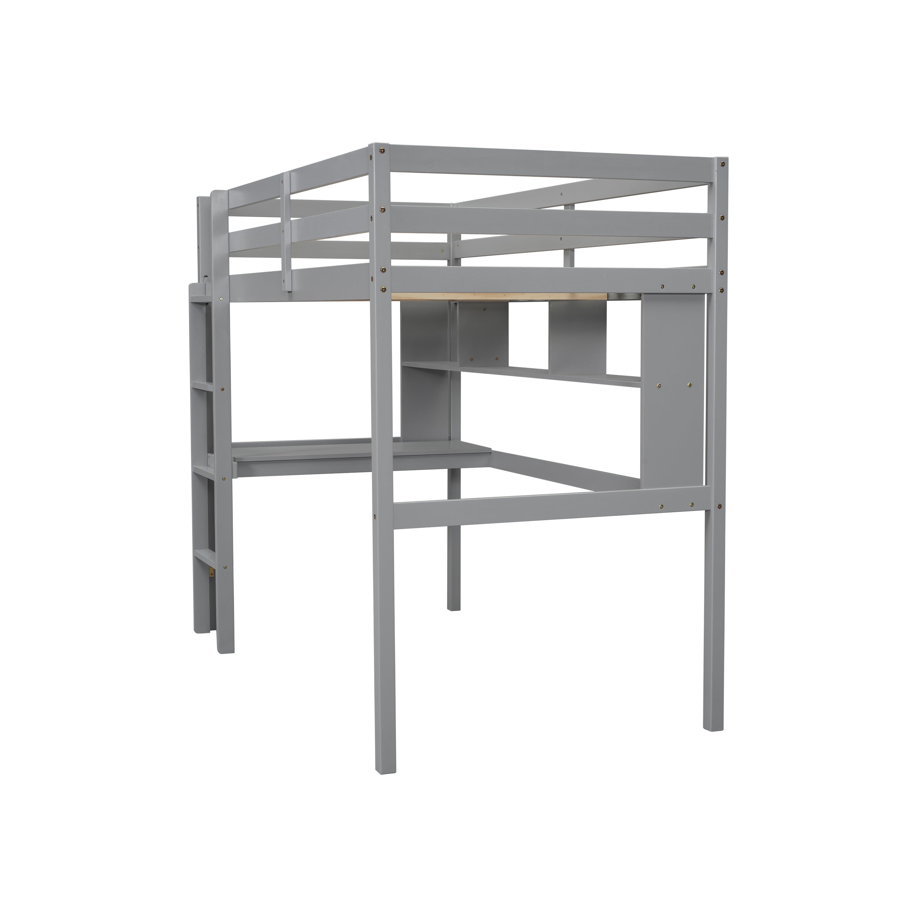 Twin Size Loft Bed with desk and shelves, Safety Guardrail and ladder,Grey