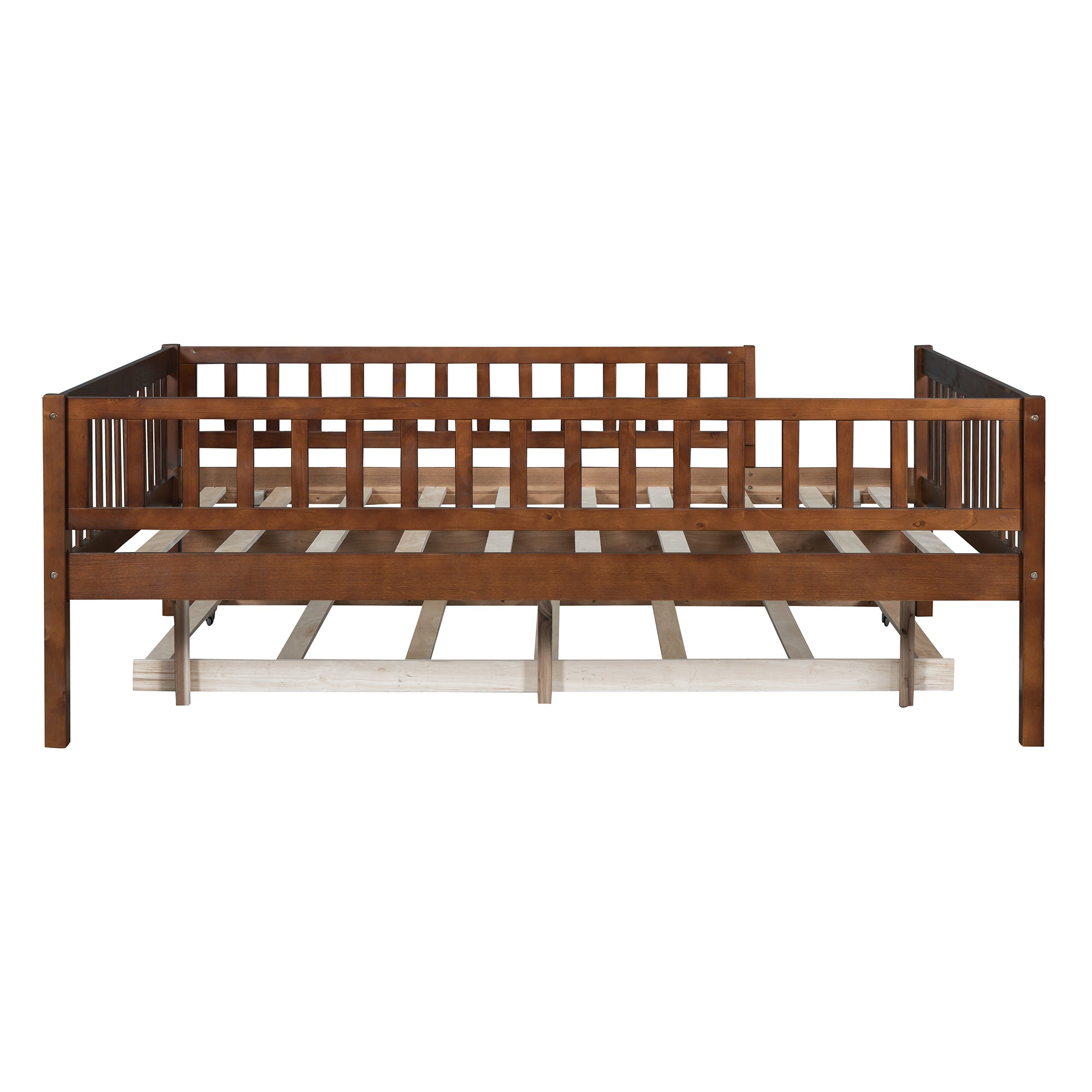 Full Size Wood Daybed with Trundle and Fence Guardrails, Walnut