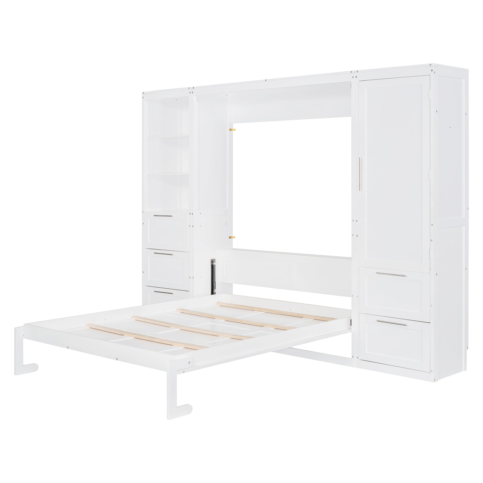 Queen Size Murphy Bed Wall Bed with Closet ,Drawers and Shelves,White