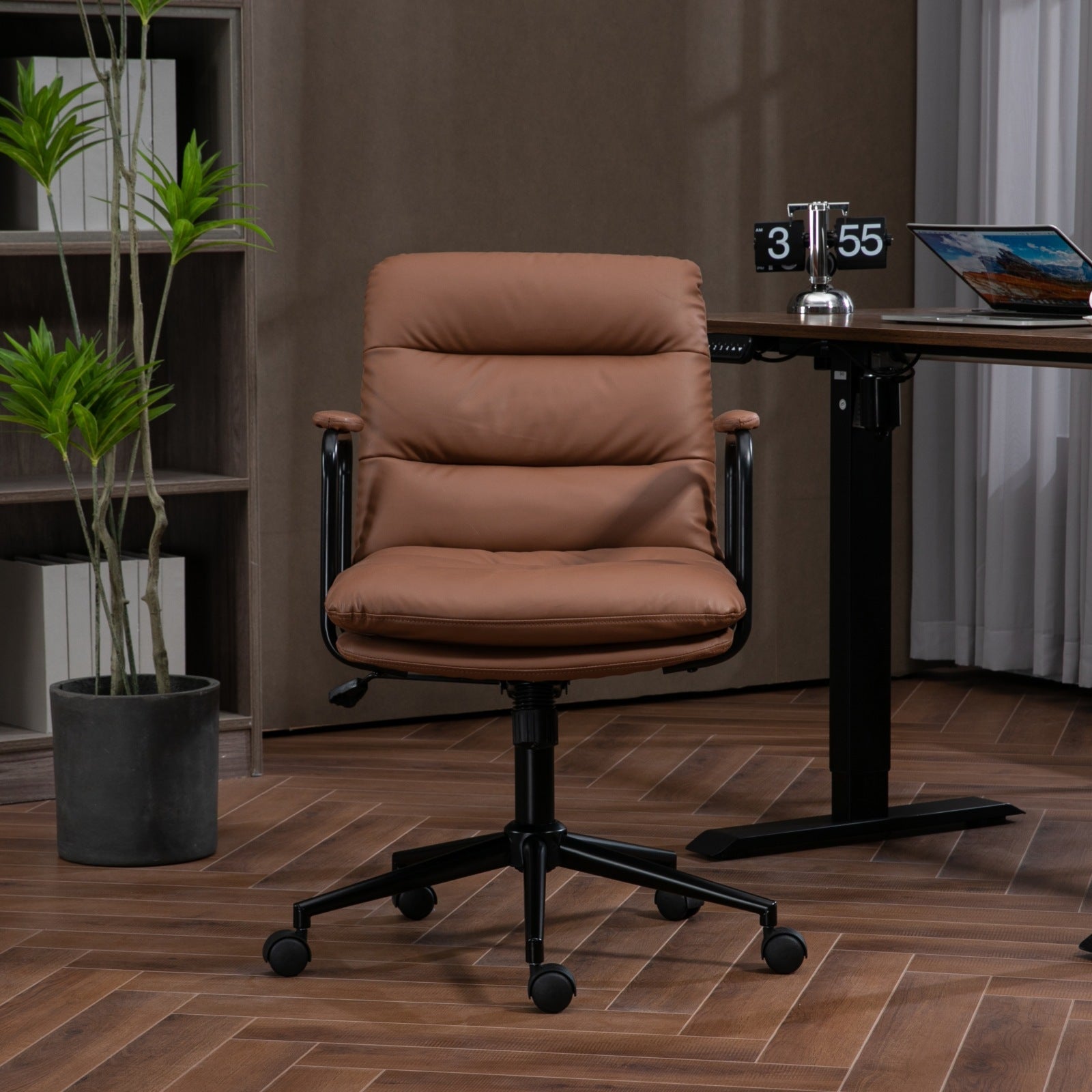 Office Chair,Mid Back Home Office Desk Task Chair with Wheels and Arms Ergonomic PU Leather Computer Rolling Swivel Chair with Padded Armrest,The back of the chair can recline 40° (Brown)