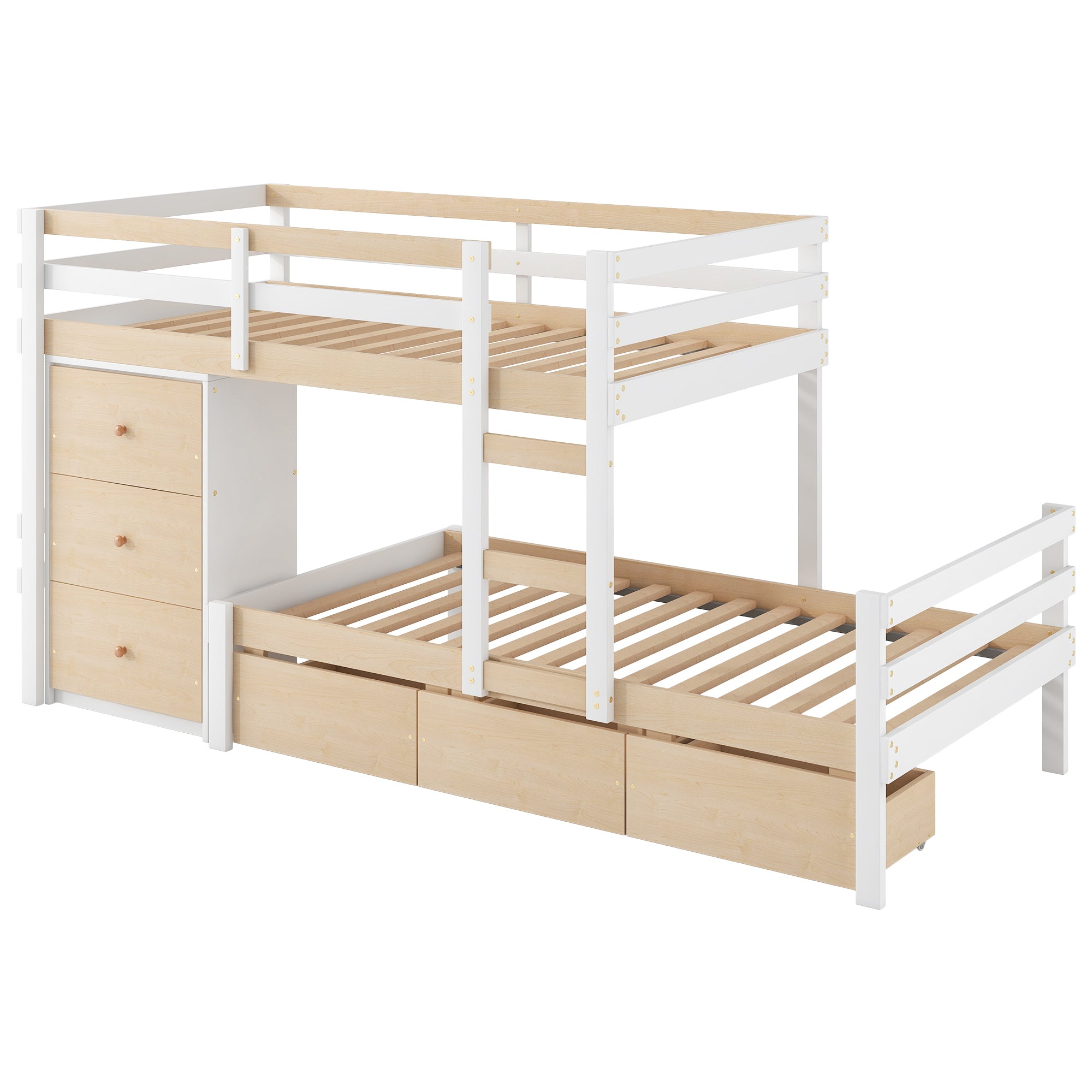 Twin over Twin Loft Bunk Bed with Drawers and Ladder, Natural