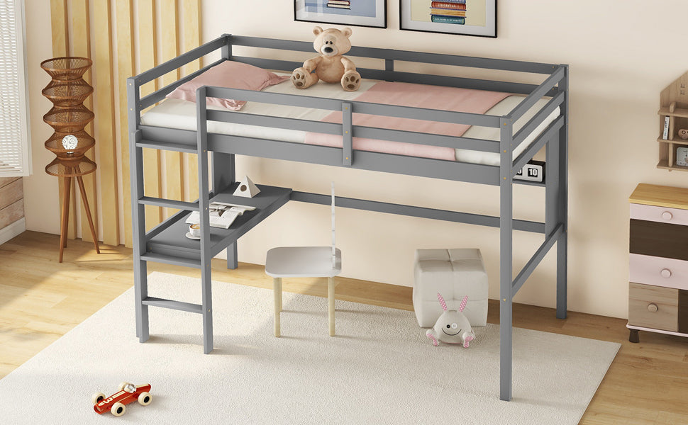 Twin Size Loft Bed with desk and shelves, Safety Guardrail and ladder,Grey