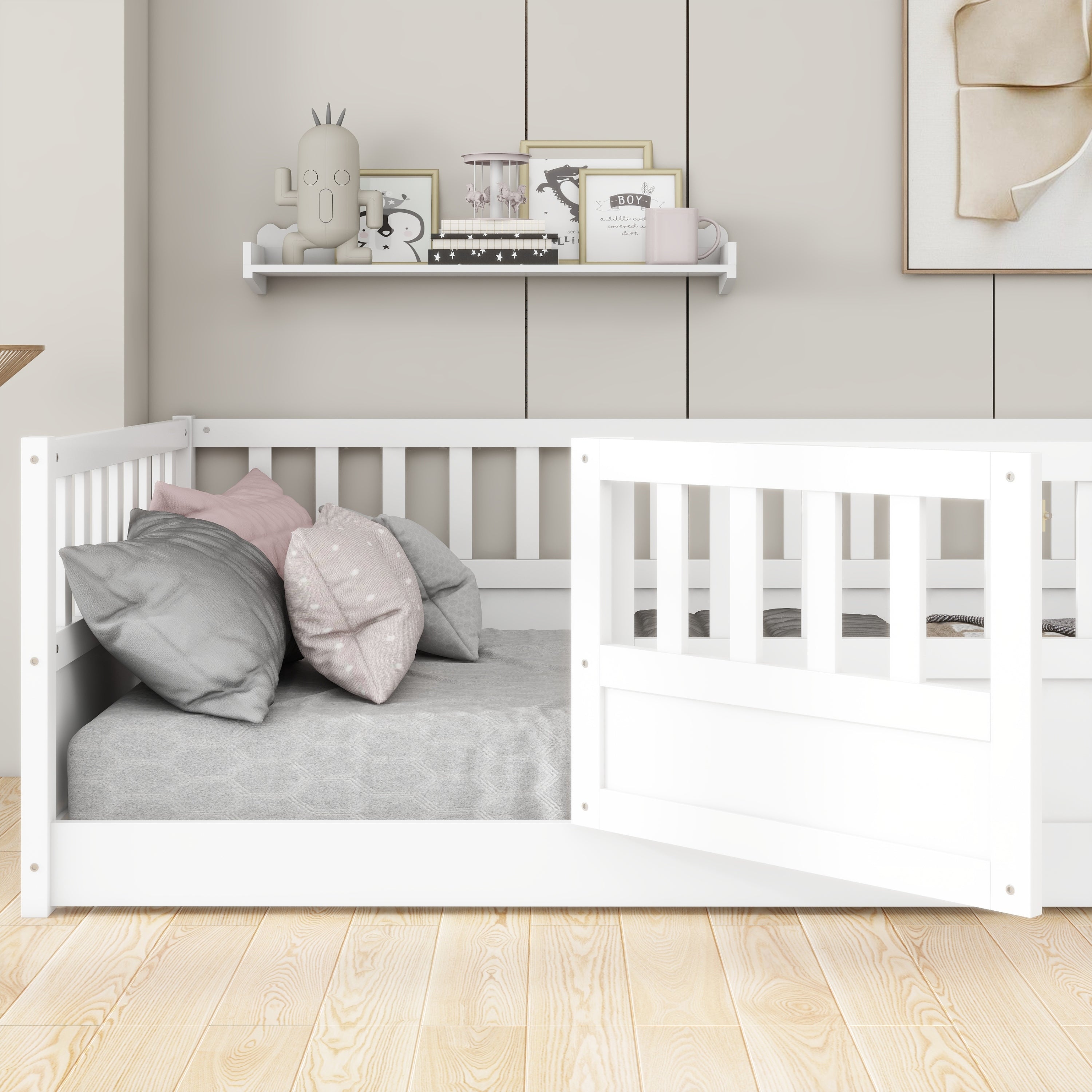 Full size  Floor bed, integral construction with super high security barrier, door, children's floor bed frame, Montessori wooden children's floor bed, Support slat white