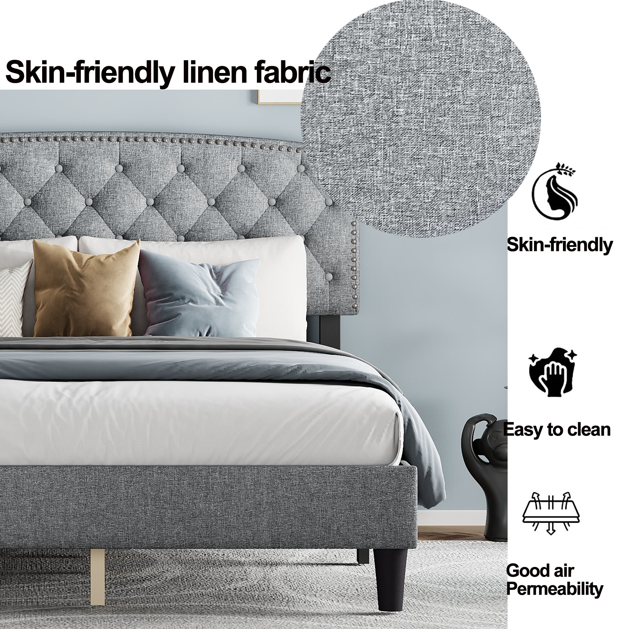 Queen size Adjustable Headboard with Fine Linen Upholstery and Button Tufting for Bedroom,  Wave Top  LIGHT GREY