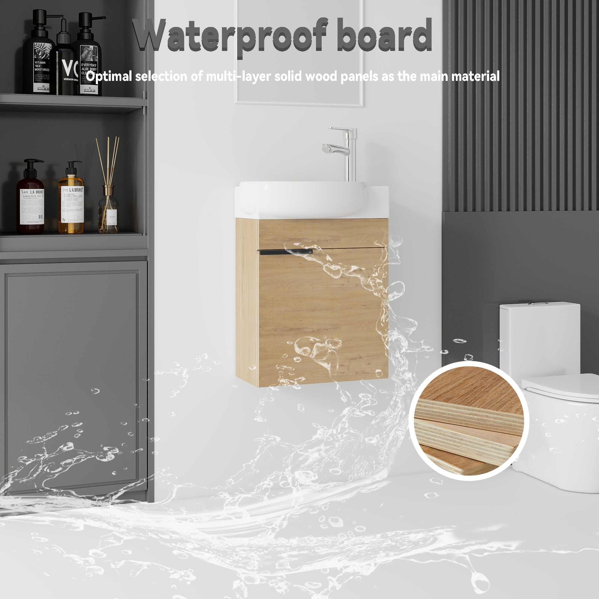 16 inch oak floating vanity with soft-close doors, side view