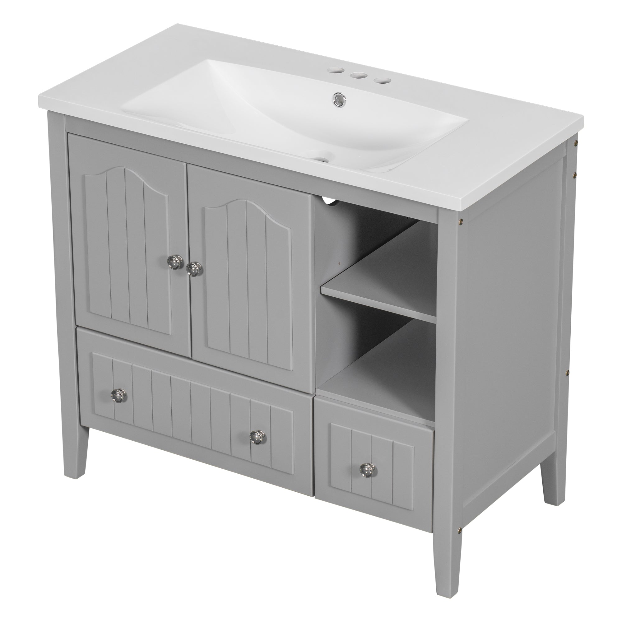 [VIDEO] 36" Bathroom Vanity with Ceramic Basin, Bathroom Storage Cabinet with Two Doors and Drawers, Solid Frame, Metal Handles, Grey (OLD SKU: JL000003AAE)