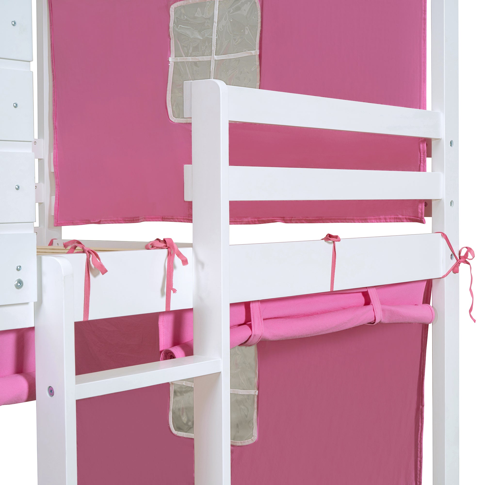 Full Size Bunk Wood House Bed with Tent, Pink+White