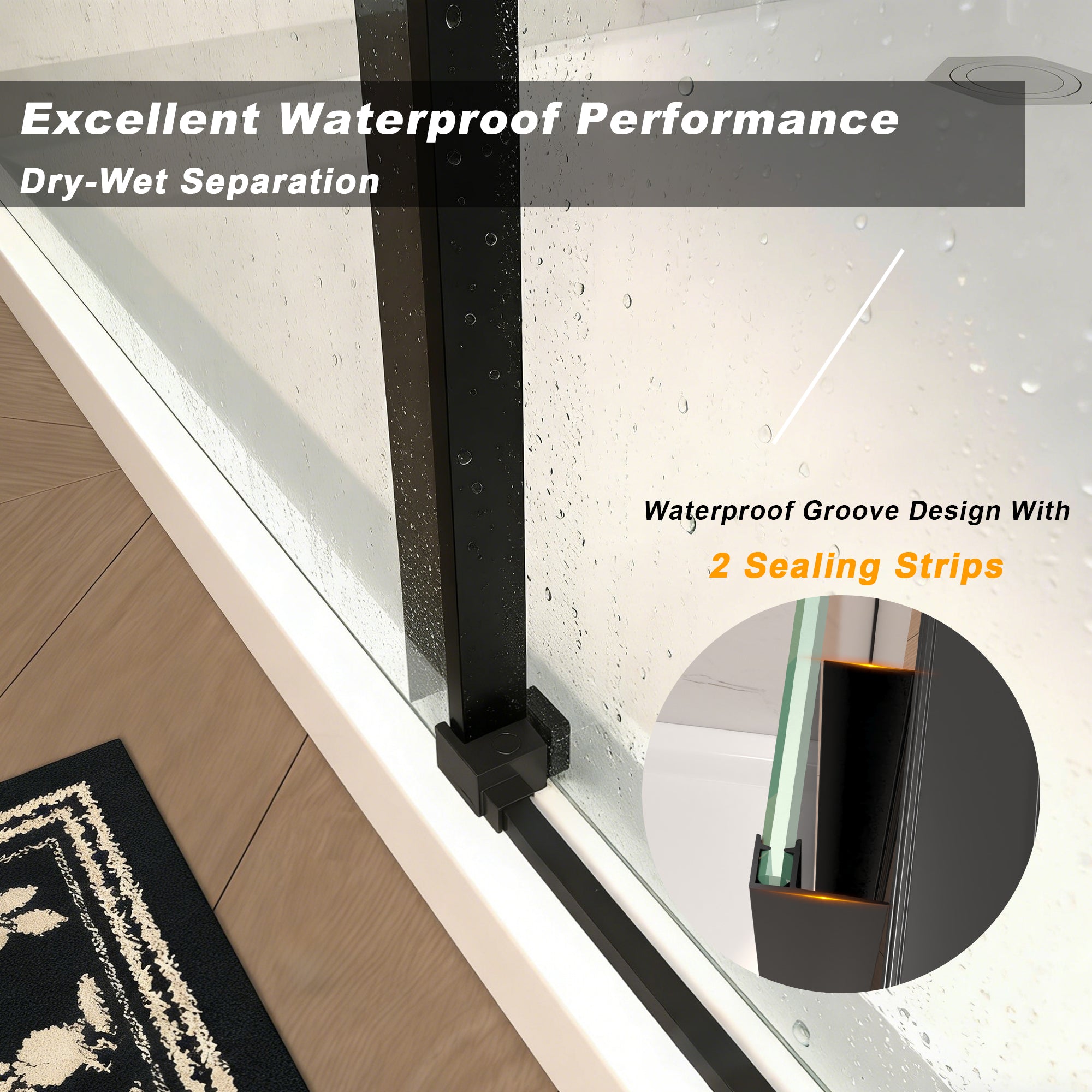 Frameless sliding shower door 60" W x 72" H matte black installed in bathroom view