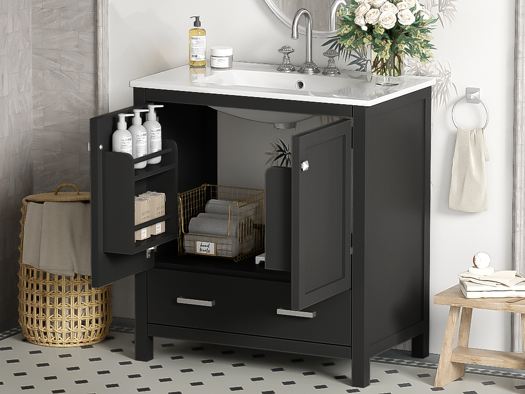 30" Black Bathroom Vanity with Single Sink, Combo Cabinet Undermount Sink, Bathroom Storage Cabinet with 2 Doors and a Drawer, Soft Closing, Multifunctional Storage, Solid Wood Frame