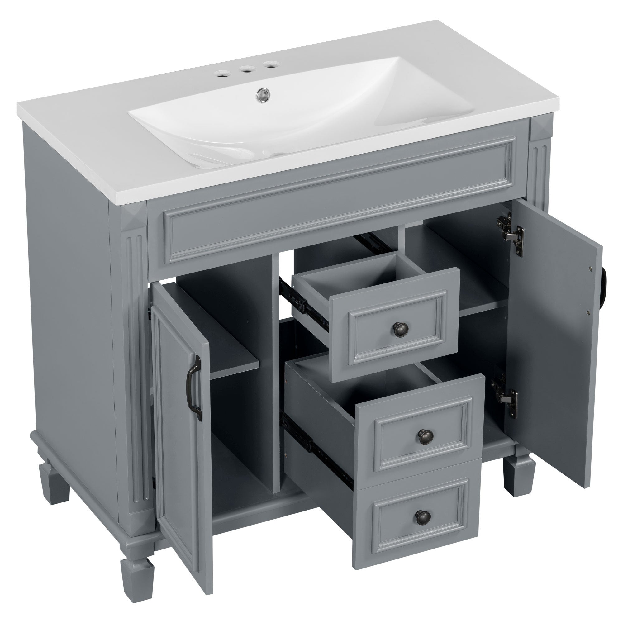 36'' Bathroom Vanity with Top Sink, Grey Mirror Cabinet, Modern Bathroom Storage Cabinet with 2 Soft Closing Doors and 2 Drawers, Single Sink Bathroom Vanity