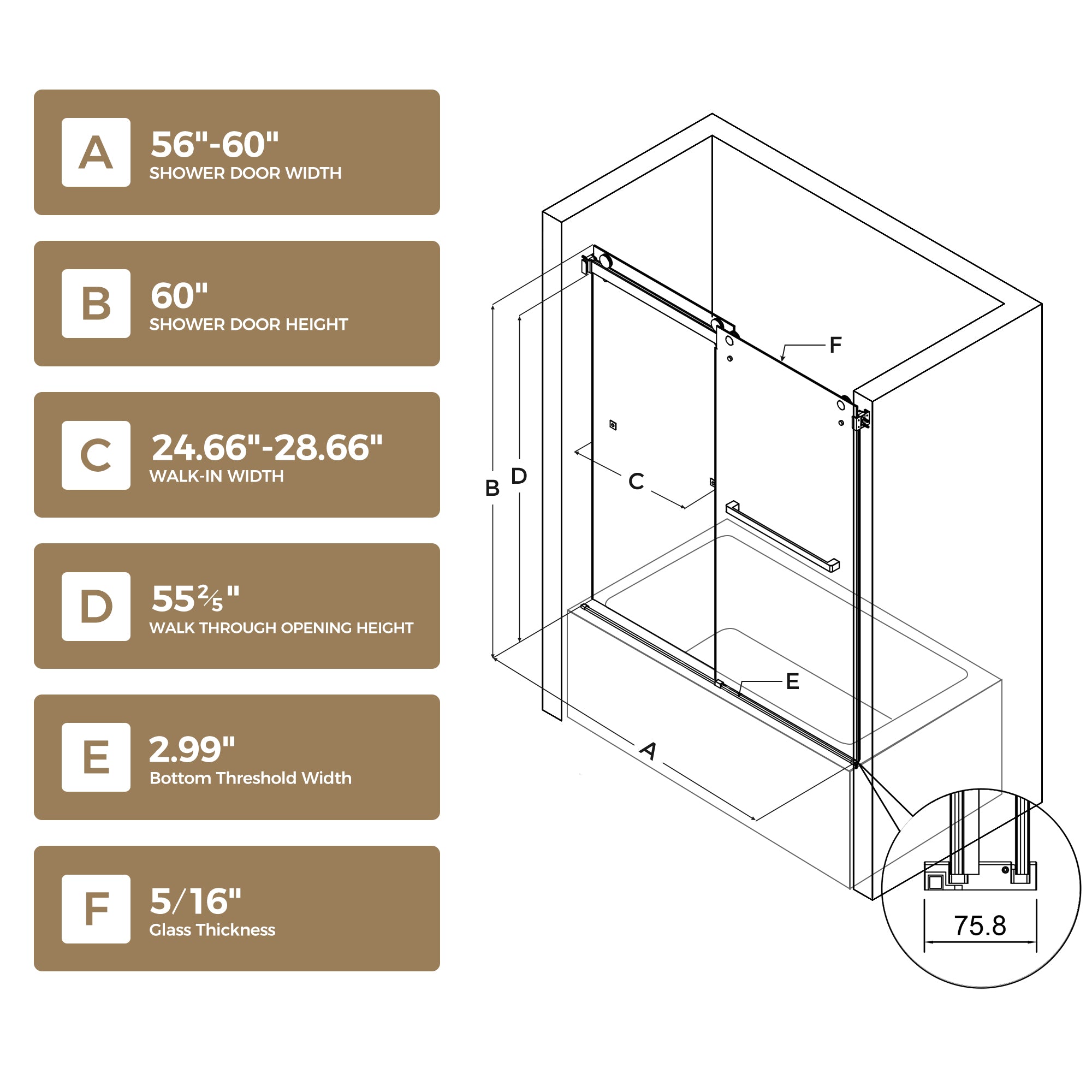 60 x 60 in Frameless Double Sliding Tub Door - 60 x 60 in / Clear Glass / Brushed Nickel view 2