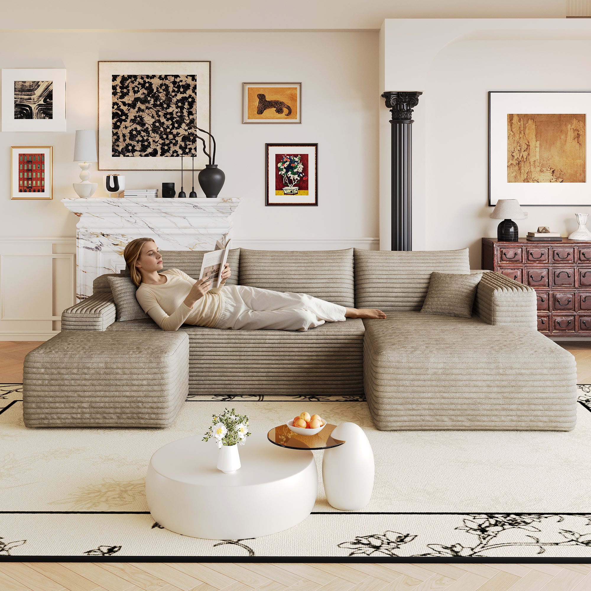 Camel corduroy sectional sofa deep-seat corner angle view