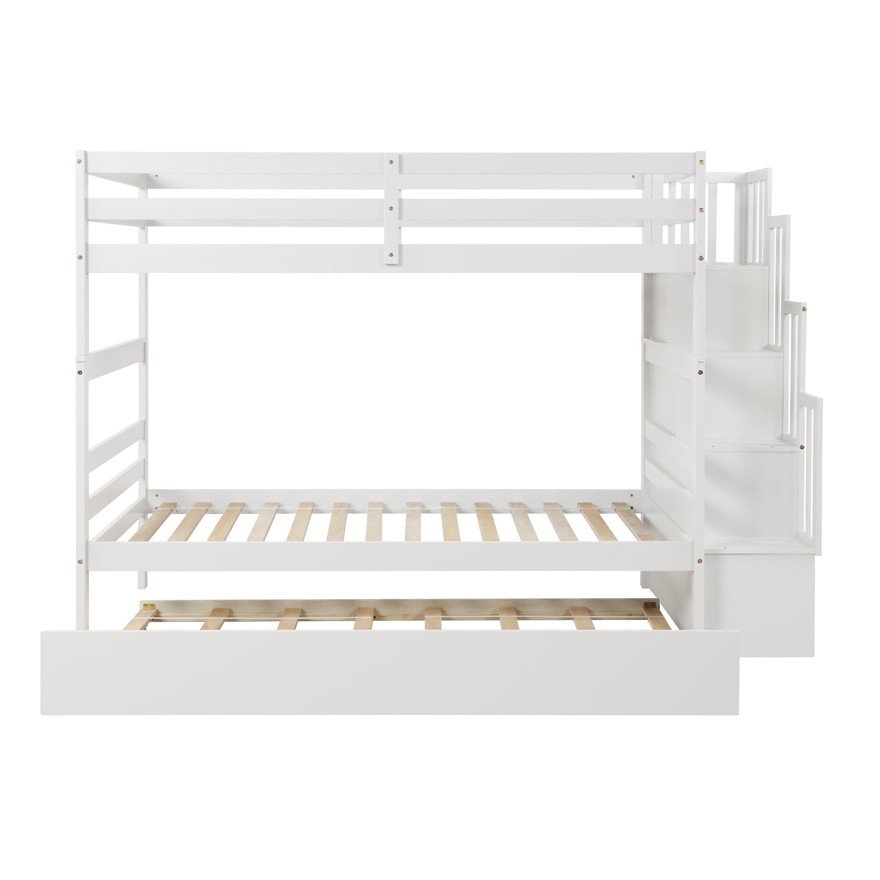 Twin over Twin Bunk Beds With Twin Trundle and Stairway Storage Function in White color