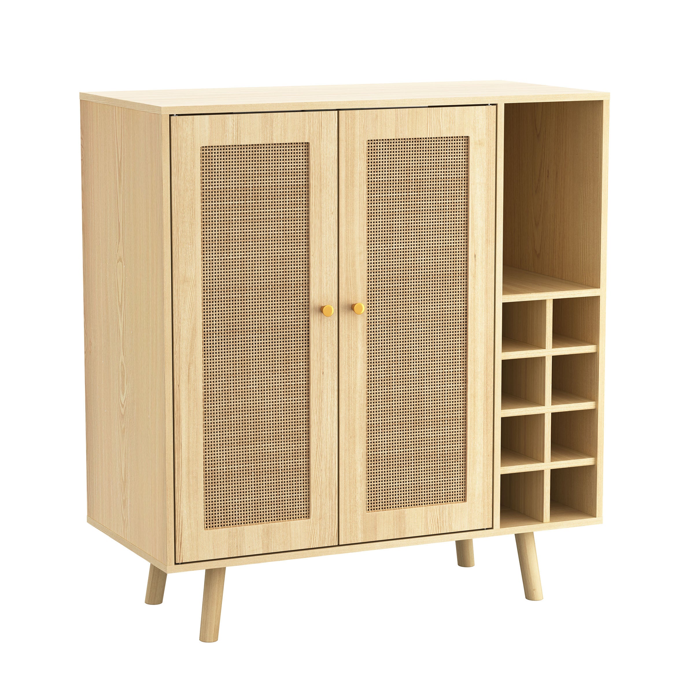 Bohemian Bar Cabinet, Natural Rattan Doors, Removable Wine Rack in Natural Wood