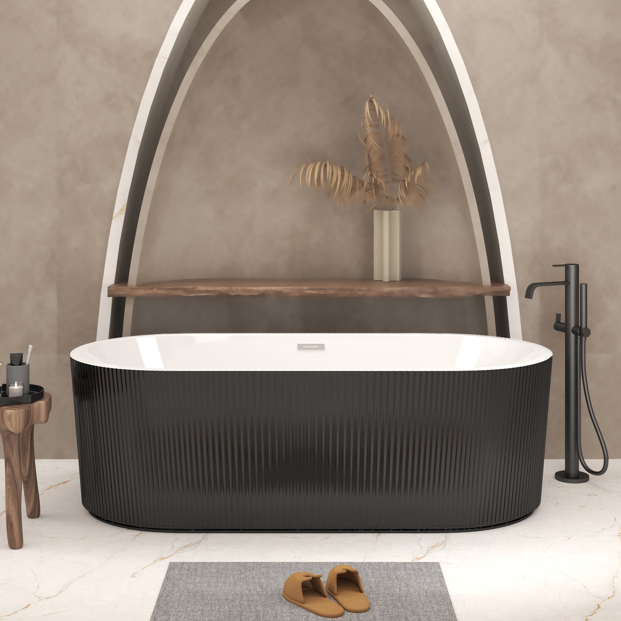 Glossy black freestanding soaker tub, angled front view