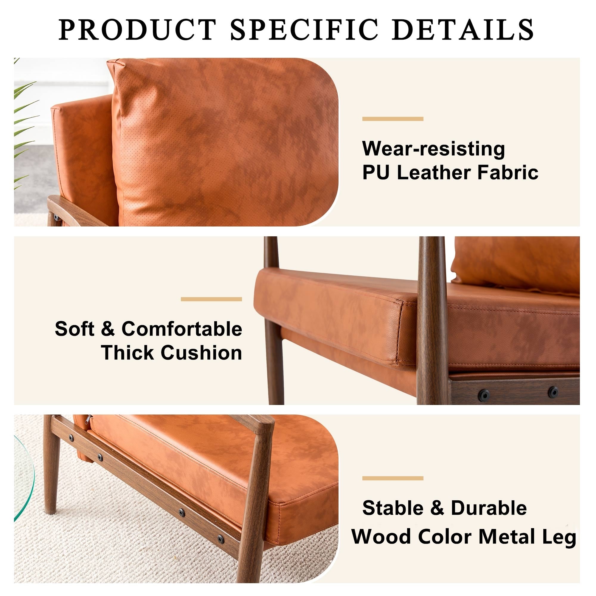 PU Leather Accent Arm Chair Mid Century Modern Upholstered Armchair with Imitation solid wood Walnut color Metal Frame Extra-Thick Padded Backrest and Seat Cushion Sofa Chairs for Living Room SF-010