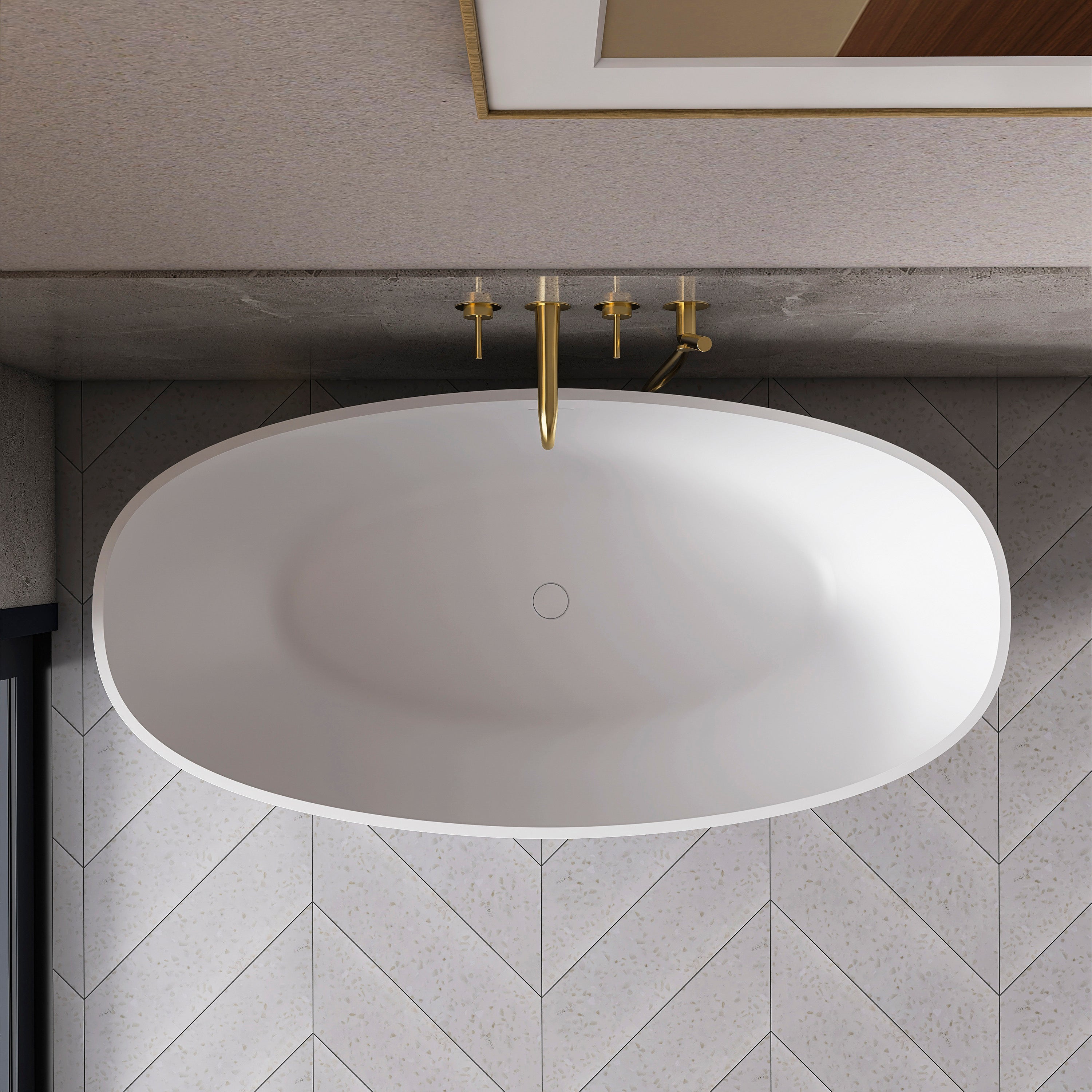 Compact solid surface freestanding bathtub, end profile view