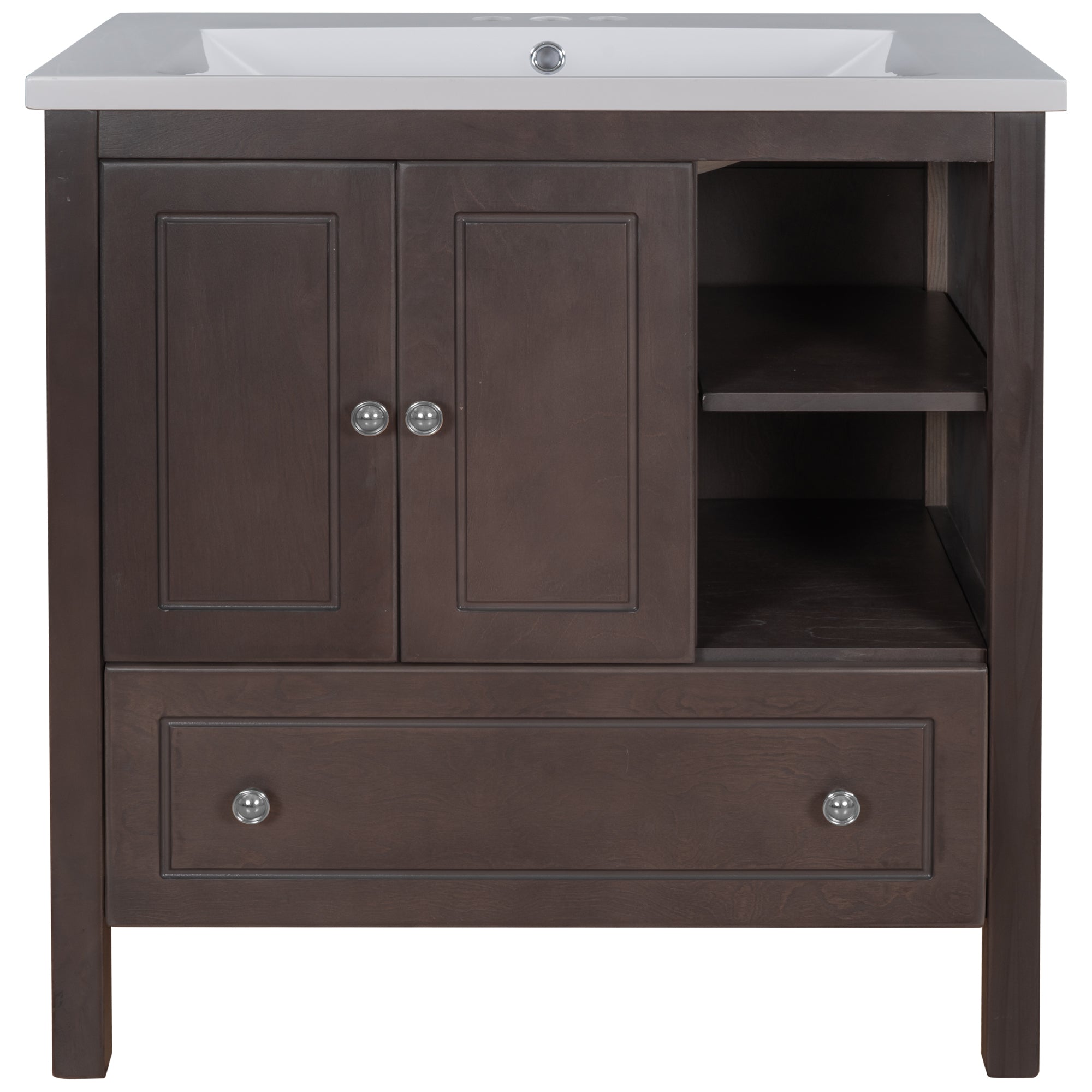 [VIDEO] 30" Bathroom Vanity with Sink, Bathroom Storage Cabinet with Doors and Drawers, Solid Wood Frame, Ceramic Sink, Brown (OLD SKU: JL000002AAD)