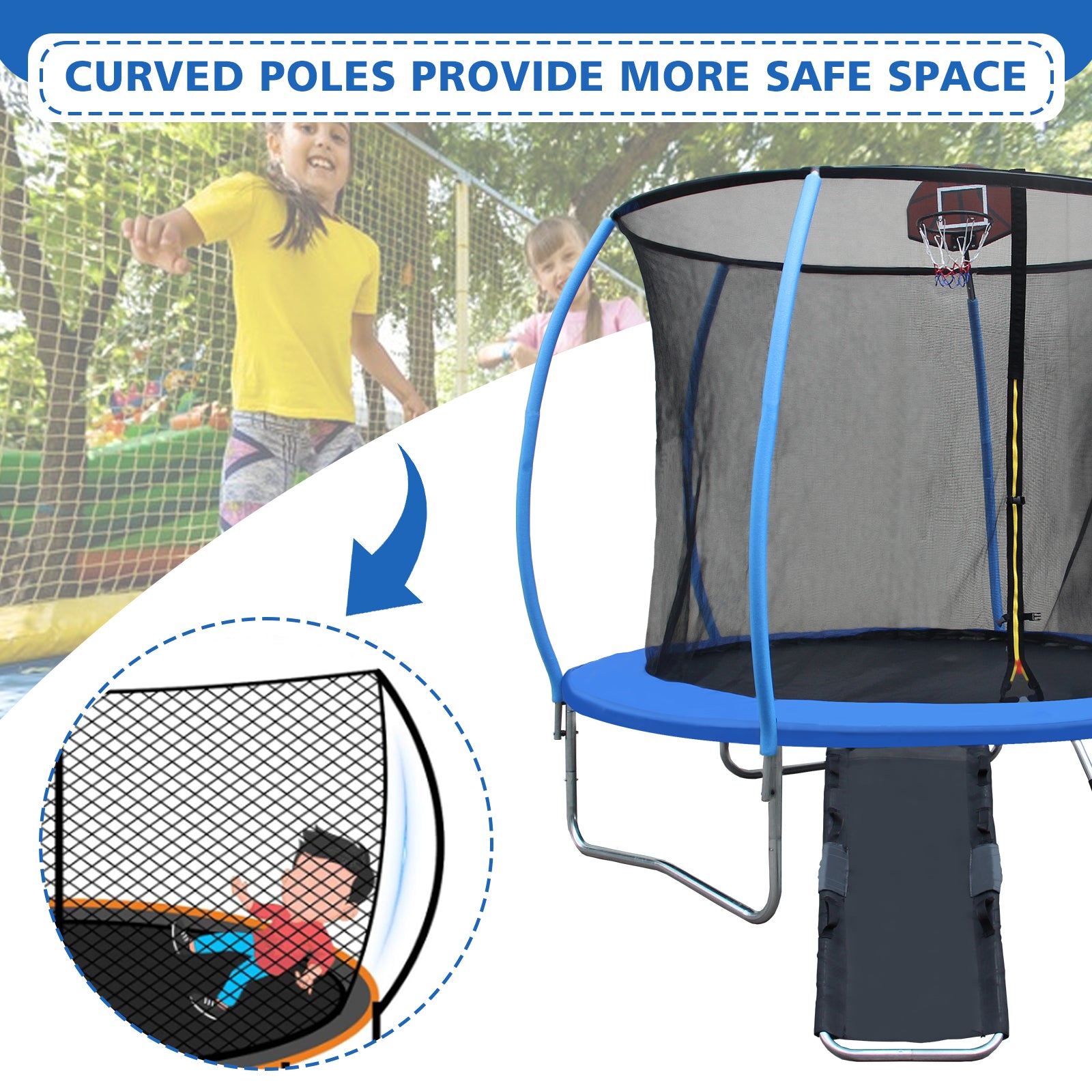 8FT Trampoline with Enclosure - Recreational Trampolines with Ladder and Anti Rust Coating, Pumpkin-shaped Trampoline with Slide and Basket Board, ASTM Approval Outdoor Trampoline for Kids