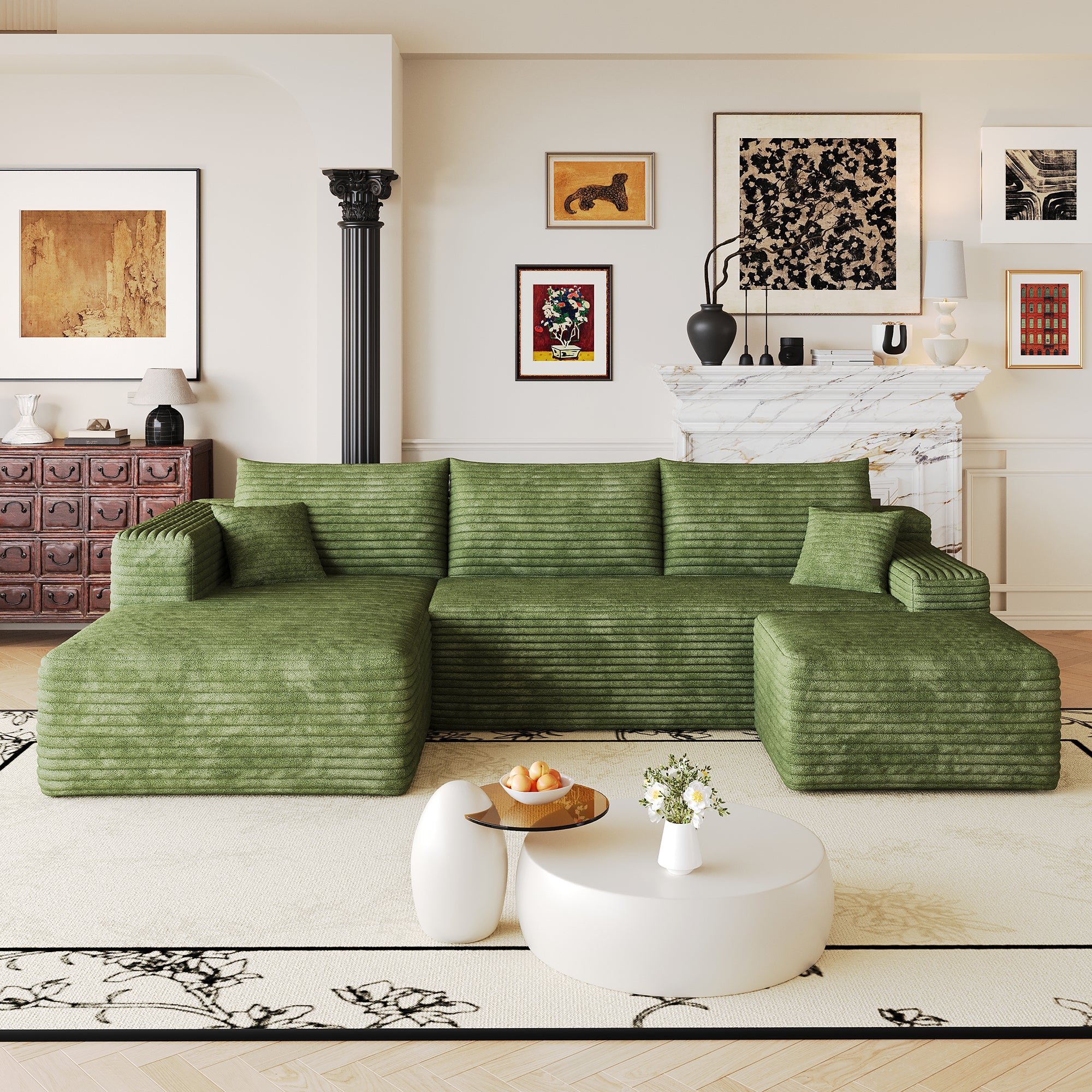 Green corduroy L-shaped sectional sofa in modern minimalist living room setting