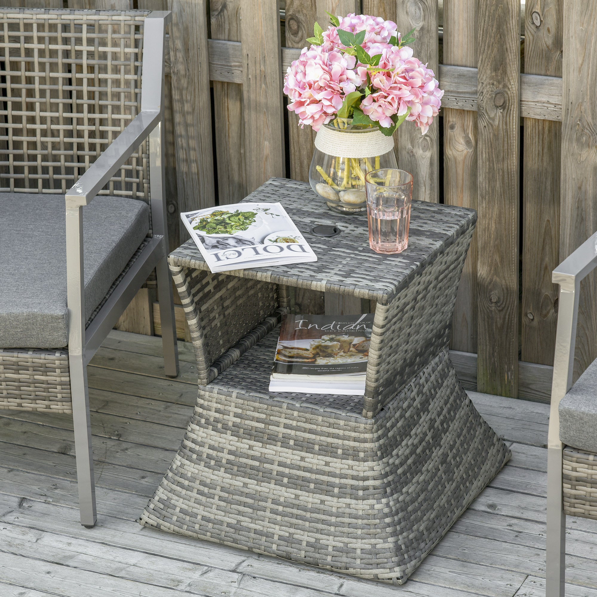 Outsunny Rattan Wicker Side Table with Umbrella Hole, 2 Tier Storage Shelf for All Weather for Outdoor, Patio, Garden, Backyard, Mixed Grey