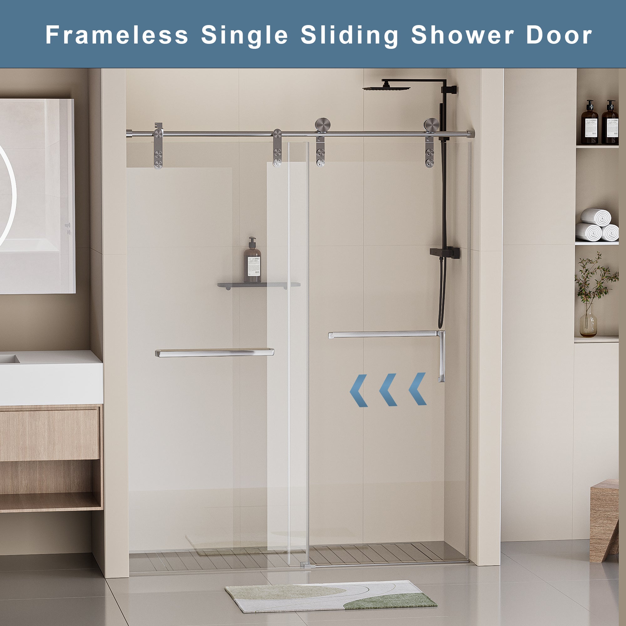 56-60"W x 76"H Frameless Shower Door, Single Sliding 5/16" (8mm) Clear Tempered Glass Shower Door with Explosion-Proof Film, Stainless Steel Hardware, Brushed Nickel 24D210-60BN-COMBO