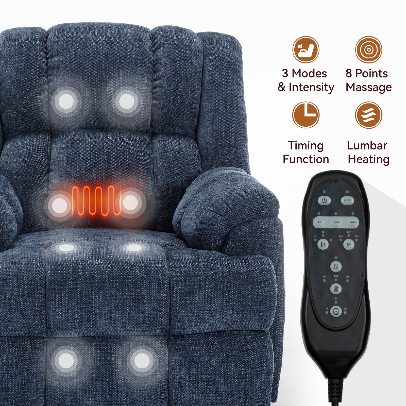 Dual Motor Heat Massage Infinite Position Up to 350 LBS Electric Power Lift Recliners with Power-Remote, Medium-firm and Heavy Duty, Blue