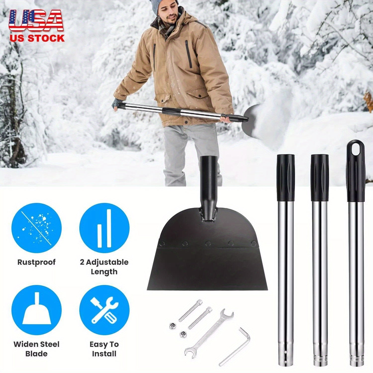 53In Flat Snow Shovel Ice Scraper Manganese Steel Snow Ice Chopper for Walkway Pathway Driveway Ice Removal Gardening Cleaning Scraper Shovel for Weeding Lawn Edging