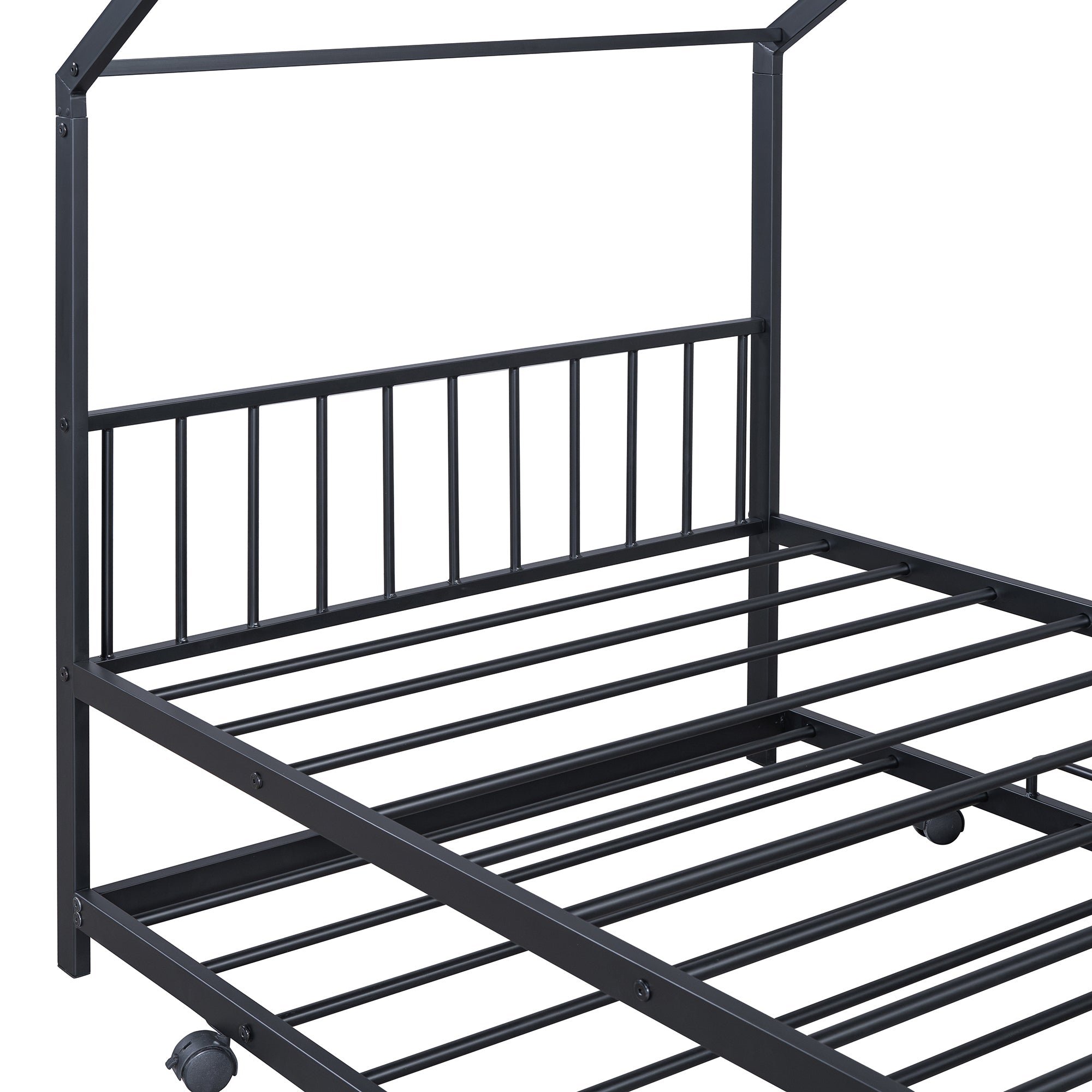 Twin Size Metal House Bed with Twin Size Trundle, Black